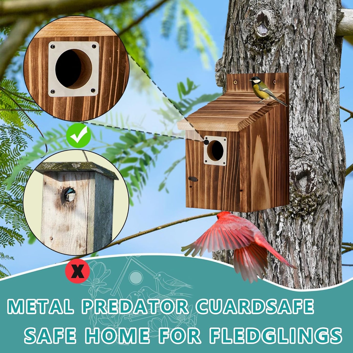 2 Pack Bird Houses for Outside with Metal Predator Guard for Bluebird 