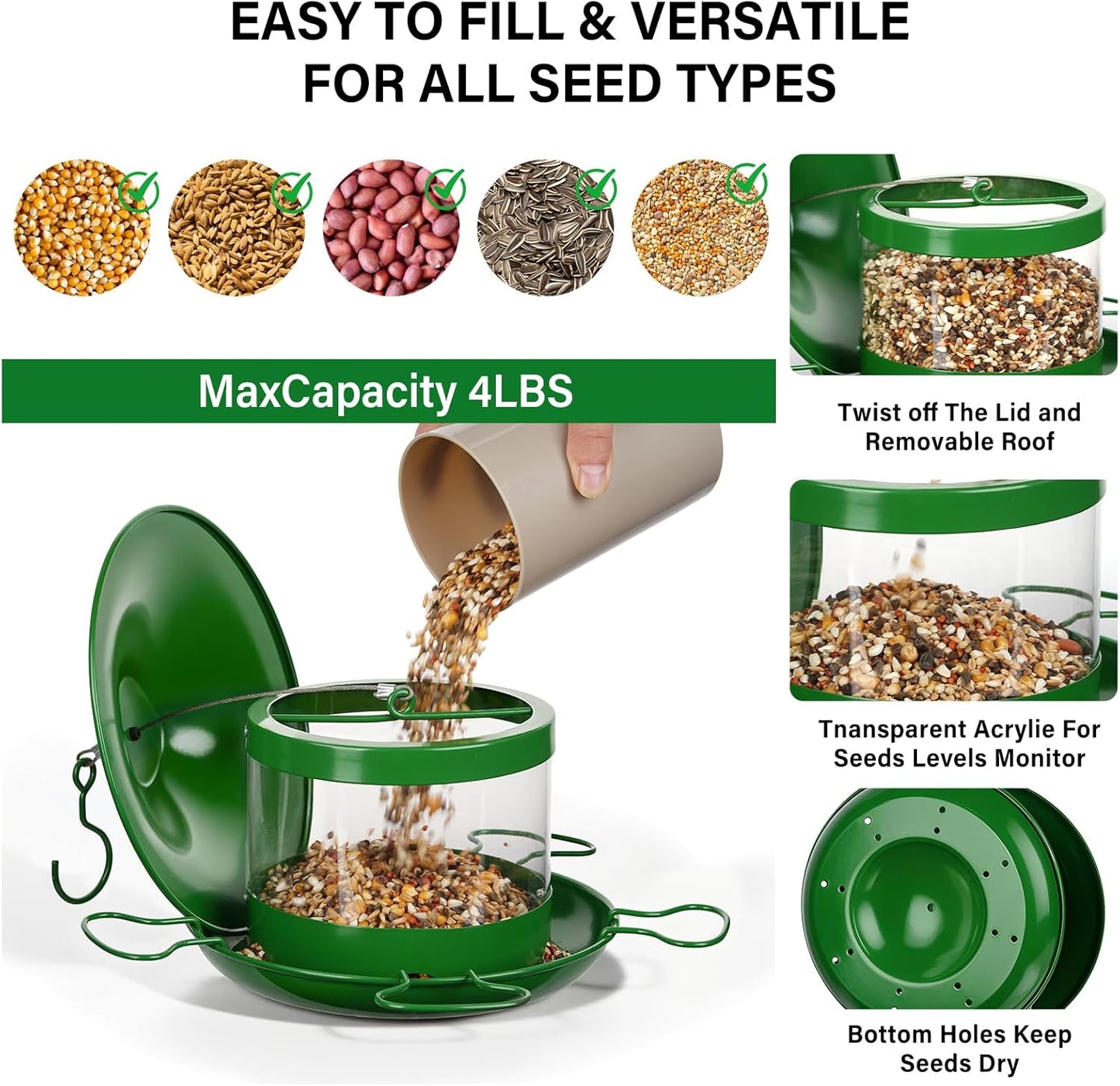Bird Feeders for Outdoors Hanging Bird Feeder Wild Birds Seed,4LB Metal Hanging Feeders,Large Wild Feeders for Cardinals, Chickadees, Durable Backyard Feeders,Green