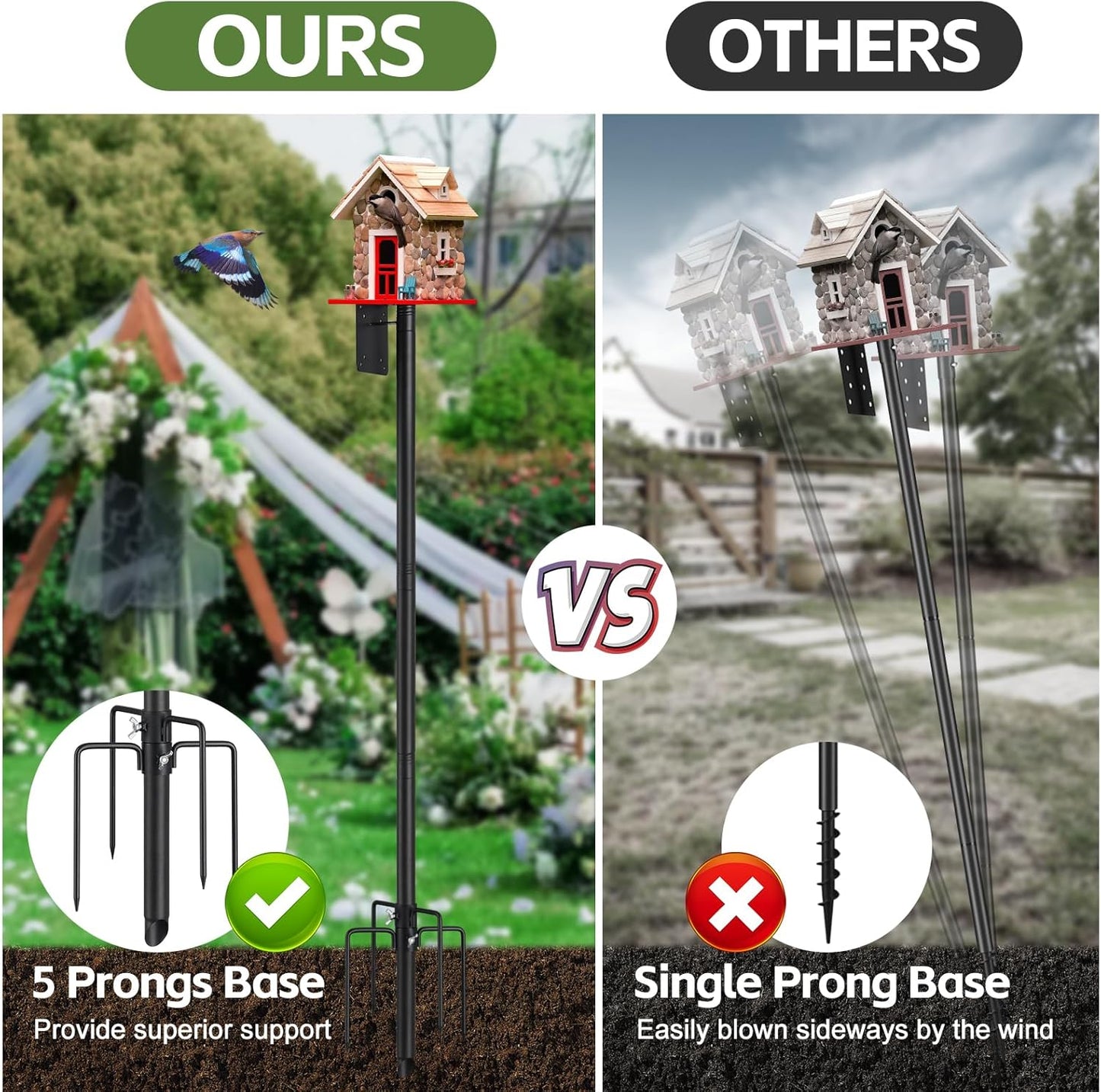 Bird Feeder Pole, 60 Inch Bird Feeder House Pole Stand for Outdoors Heavy Duty Outside Buddy Accessories with 5-Pronged Base, Matte Black, 2 Pack