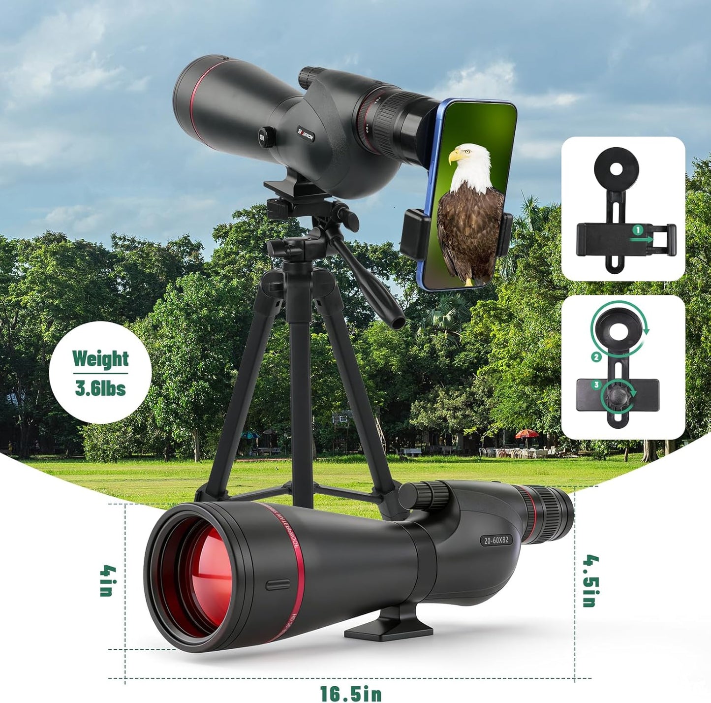 20-60x82 Spotting Scopes for Target Shooting with Upgraded Large Eyepiece, Spotting Scope with Tripod Carrying Bag Phone Adapter, BAK4 IPX7 Waterproof Spotter Scopes for Birding Watching