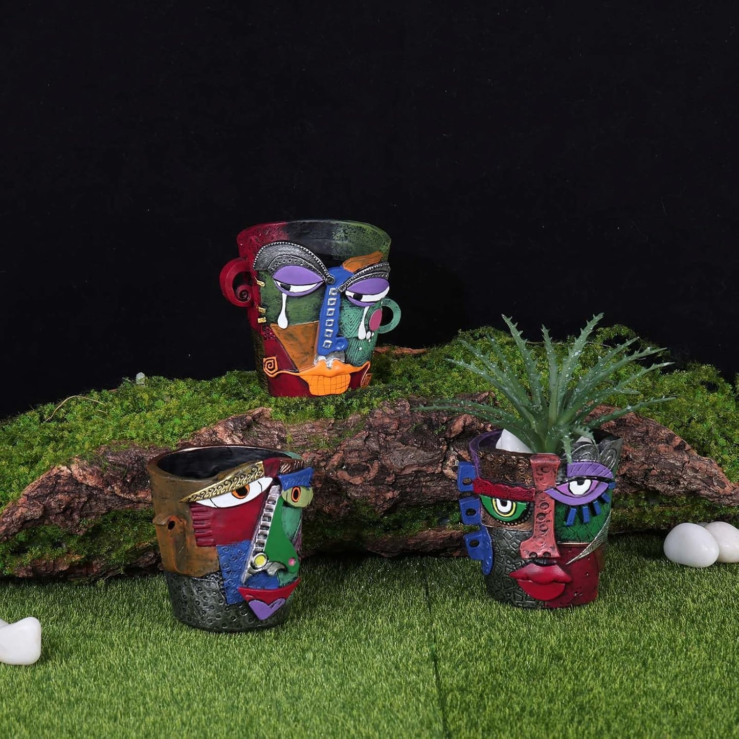 Mini Face Planters 3PC Set – Unique Resin Art Flower Pots for Succulents, Cacti & Small Plants – Decorative Funny Plant Pots for Indoor & Outdoor, Face Planter Gift, Picasso‑Inspired