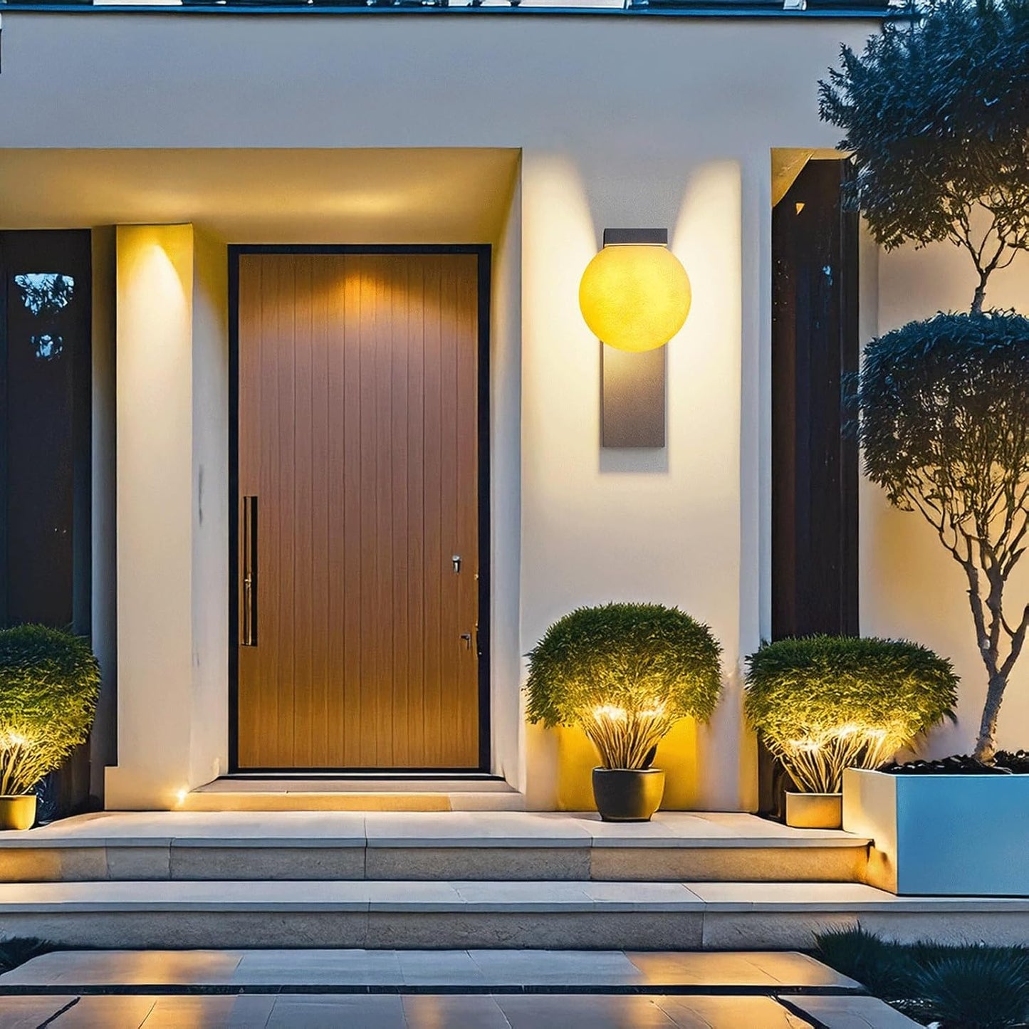 Solar Outdoor Wall Sconce, Modern Stainless Steel Wall Lamp with Moon Orb Fiberglass Shade, Waterproof Exterior Mounted Light for Poolside, Villa, Garden, Patio, Porch, Deck, Entryway