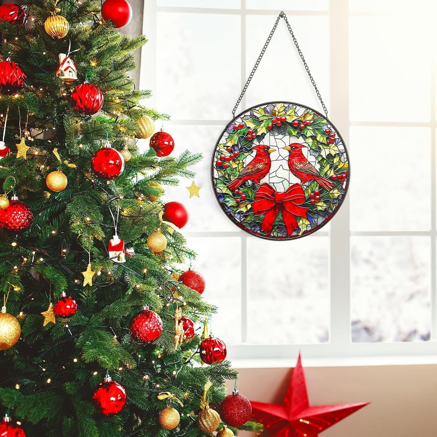 Pinkunn 7.9" Cardinal Stained Glass Window Hanging, Red Bird Sun Catcher Stained Glass Panel with Chain and Hook Cardinal Gifts for Women Christmas Winter Window Decoratios Mother's Day