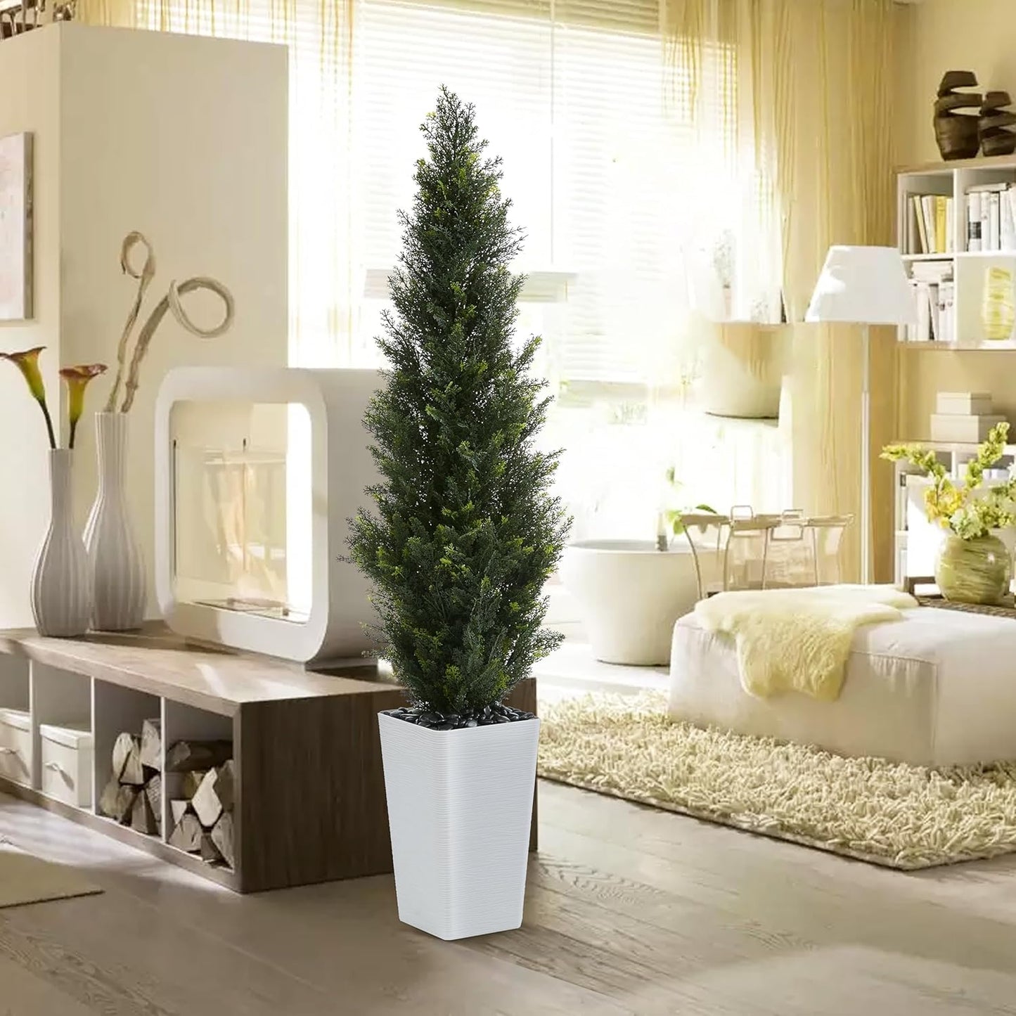 Artificial Cedar Trees 5FT Tall Artificial Bushes Cypress Shrubs, Fake Evergreen Shrubs with Extra Dense Foliage Realistic Potted & Pebbles Faux Plants for Front Porch Outdoor Christmas Tree