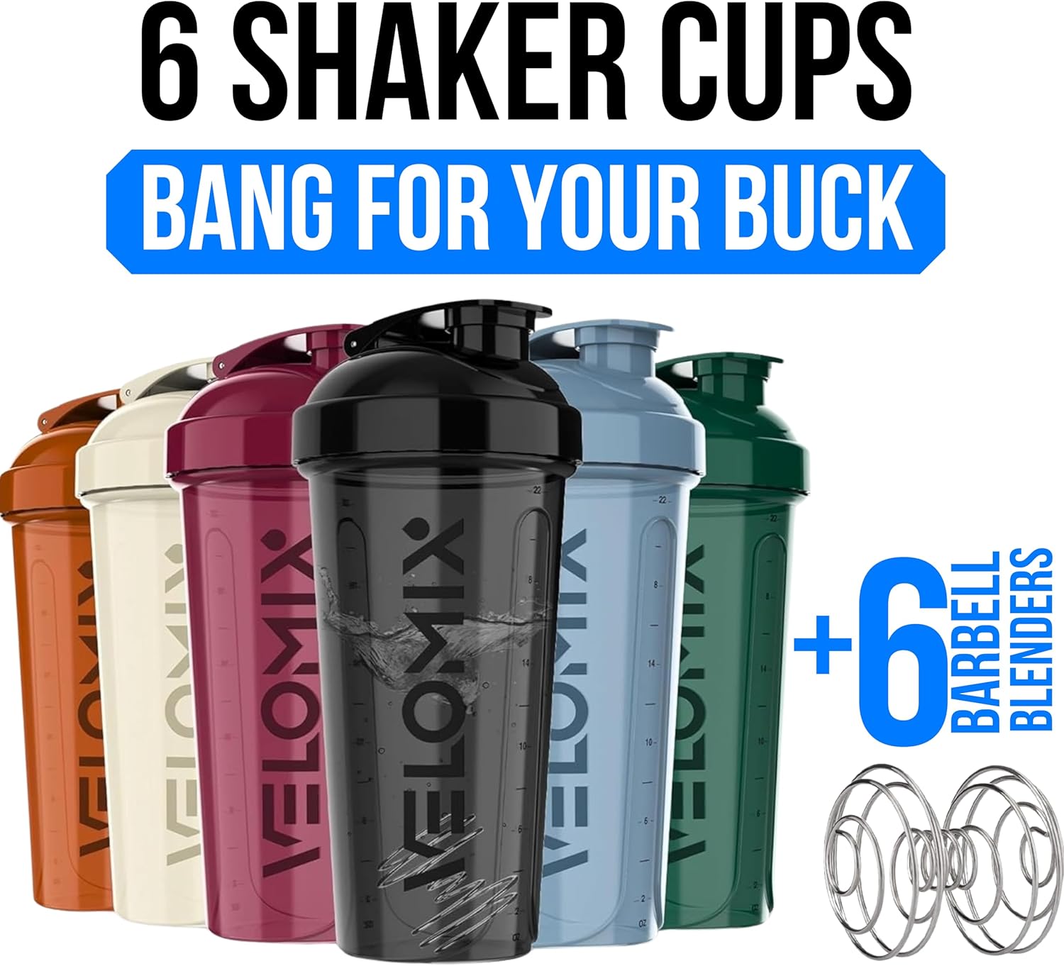VELOMIX -6 PACK- 28 oz Protein Shaker Bottle for Protein Mixes - 6x Wi