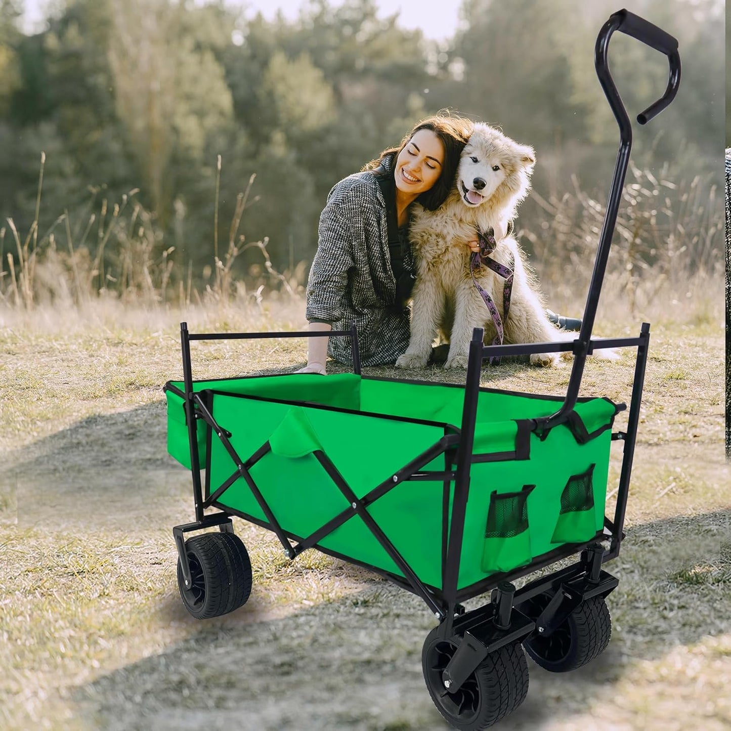 Outdoor Garden Park Wagon with Canopy and Pockets, Foldable Portable U