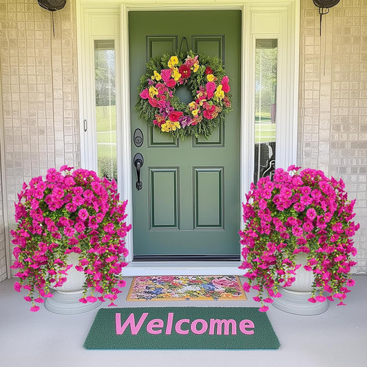 MARTINE MALL 2 Pcs Look Real Artificial Flowers for Outdoors, Realistic Artificial Hanging Flowers for Outdoors, UV Resistant Fake Hanging Plants Silk Petunia Faux Flowers for Porch Patio, Fuchsia