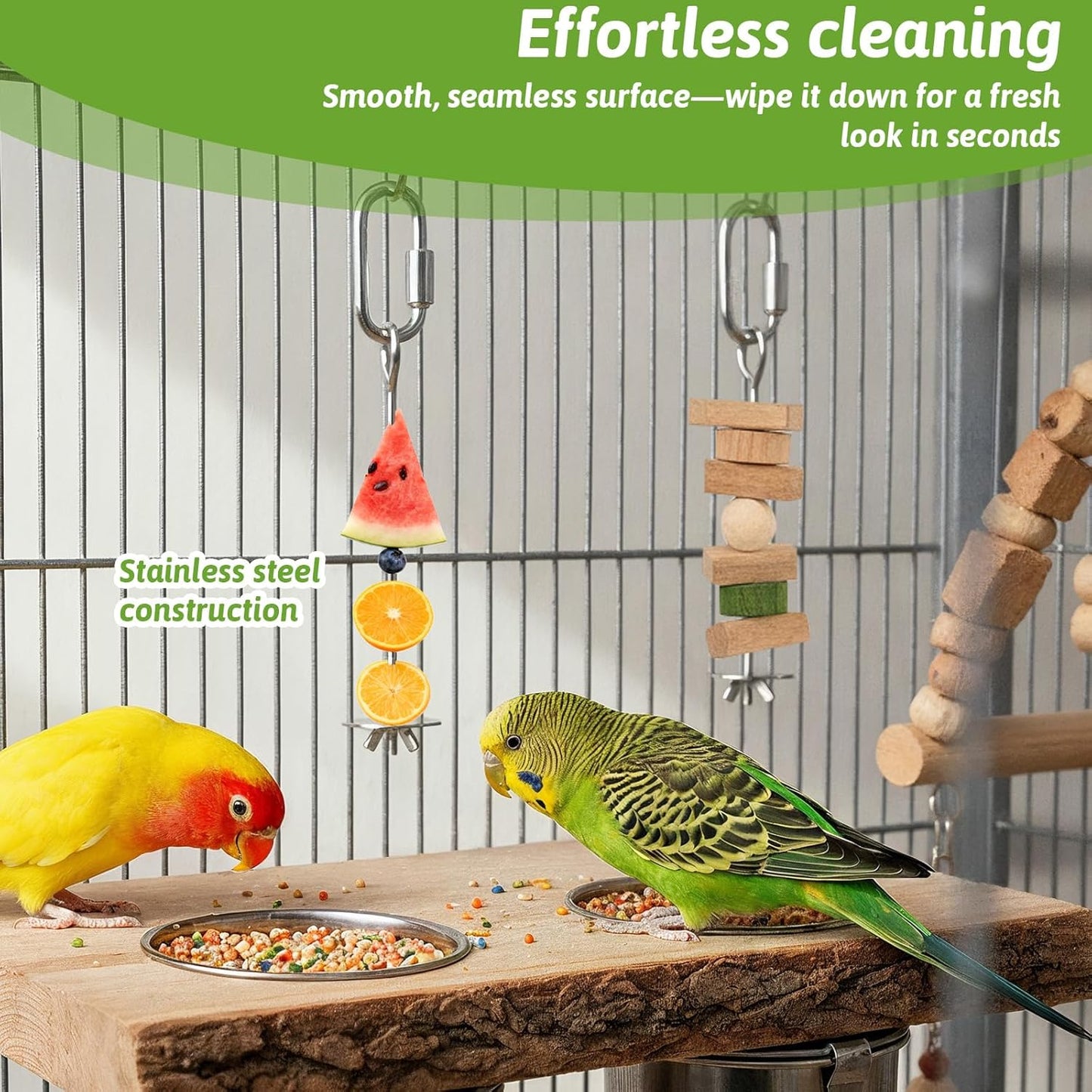 Bird Cage Food Holder, 3 Pcs Bird Treats Skewer Stainless Steel Parrot Foraging Toys Hanging Fruit Vegetable Feeder for Macaw Parakeet Budgie (3 Sizes)