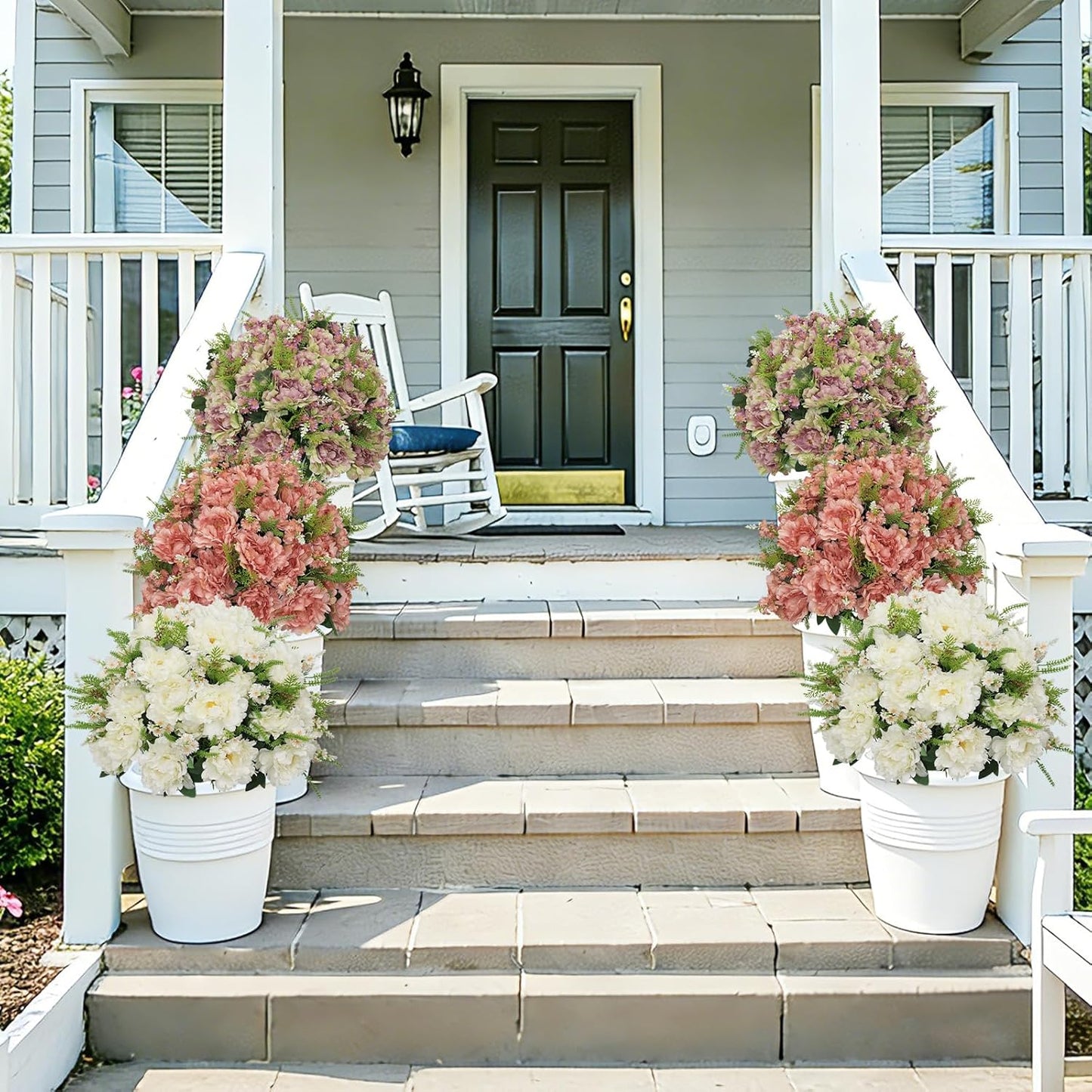 24” Artificial Flowers for Outdoors, Set of 2 Realistic Faux White Peonies in Cement Pots, UV Resistant Fake Plants Look Real for Front Porch, Entryway & Indoor Spring Decor