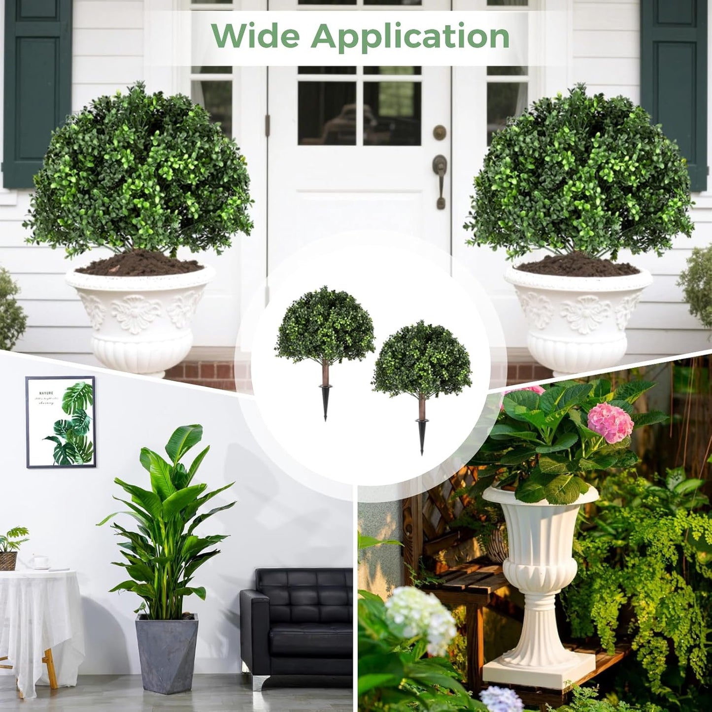 2 PCS Artificial Boxwood Topiary Ball Bushes, Realistic Topiary Ball Tree with Ground Spike, Weatherproof Faux Greenery Shrubs Bushes for Front Porch, Patio, Garden, Walkway, Planter Pot