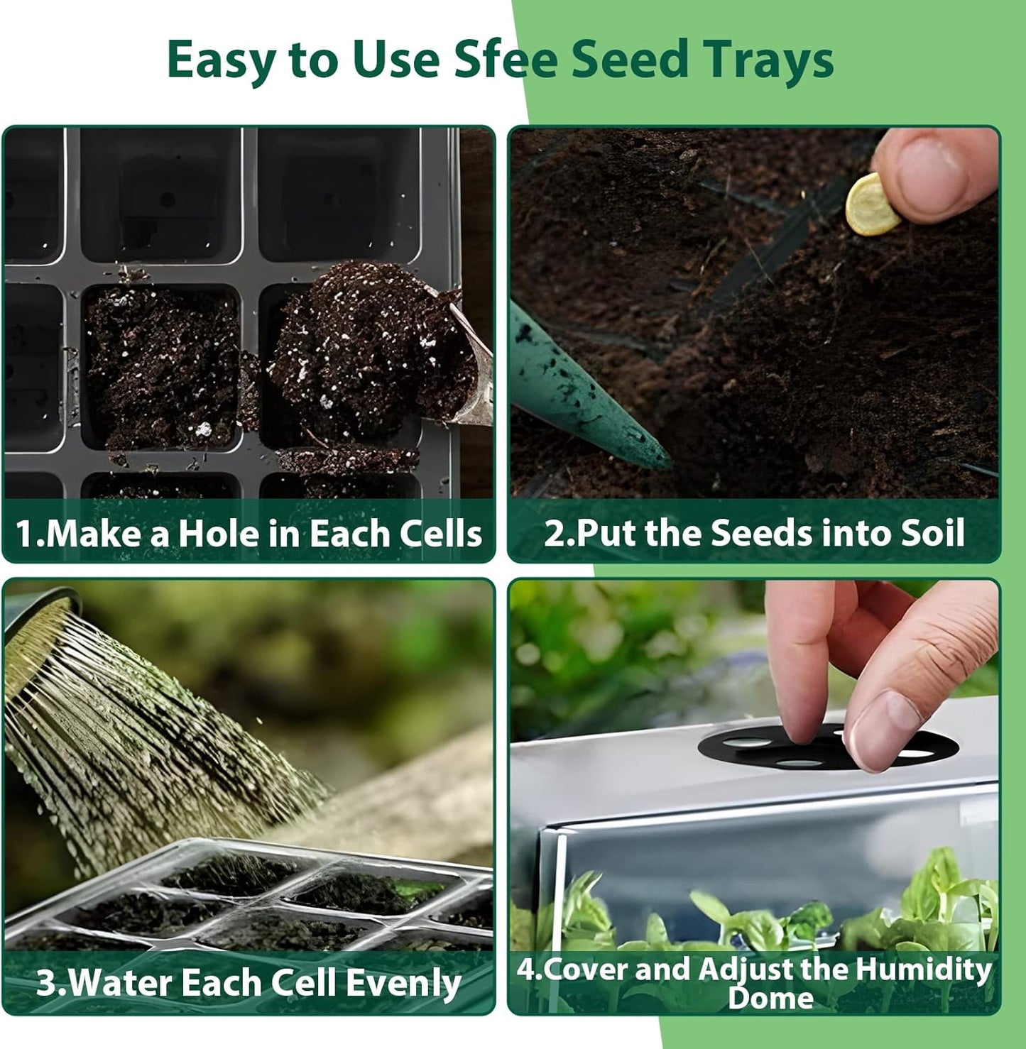 Sfee 5 Pack Seed Starter Tray Kit, 60 Cells Seedling Starter Trays wit