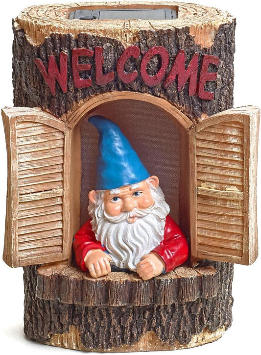 Gnome Welcome Garden House Outdoor Decor Stump with Solar Lights