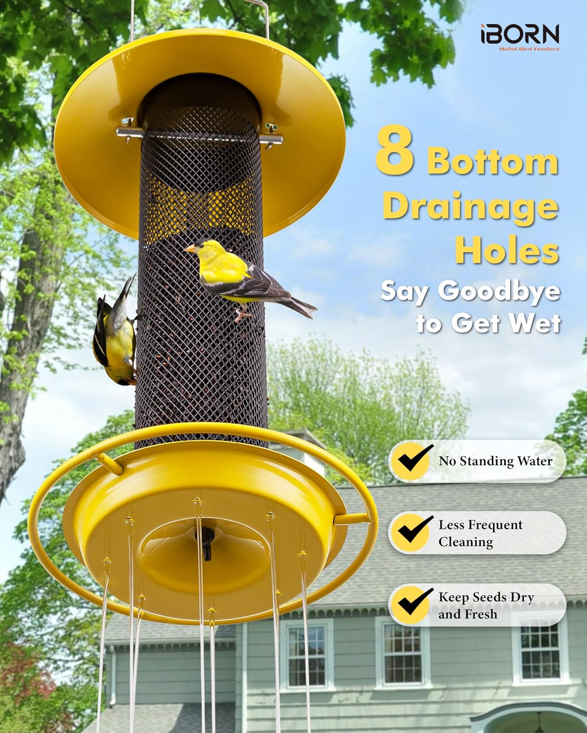 iBorn Finch Feeders for Outside,Thistle Bird Feeders for Outdoors Hanging,Nyjer Seed Feeder,Metal Mesh Tube Bird Feeder 13.5 Inch with 17cm Weatherproof Large Roof and Tray,2 LB Capacity,Yellow
