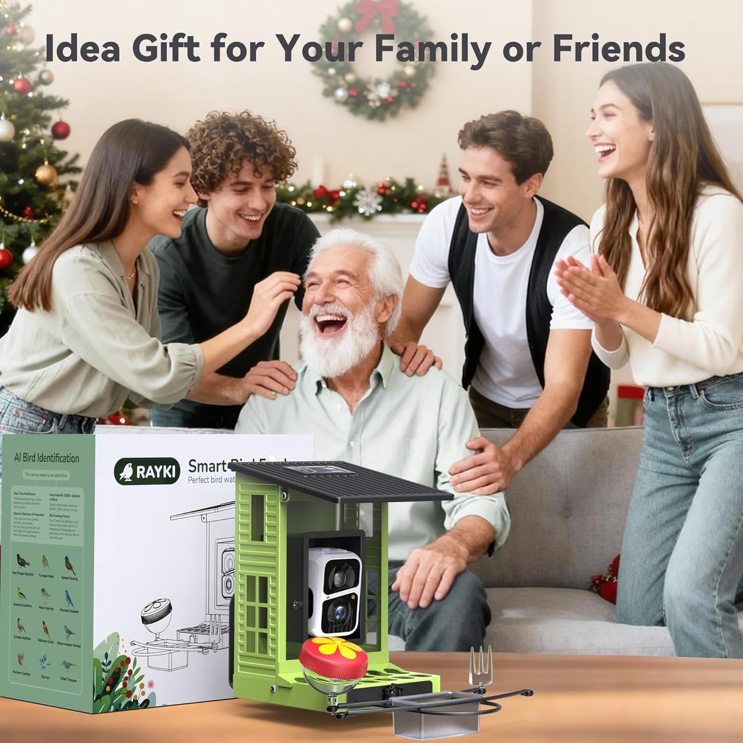 Rayki Metal Solar Powered Smart Bird Feeder with Camera, AI Identify with Solar Lights, 2K HD Cam & WiFi, Instant Arrival Alerts,Ideal Gift for Bird Lovers