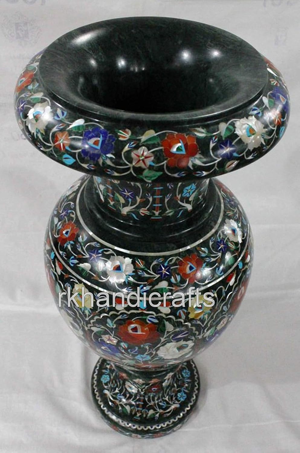 21 Inches Royal Look Green Marble Plant Stand for Bar and Hotel Decor Shiny Gemstone Inlay Work Flower Pot