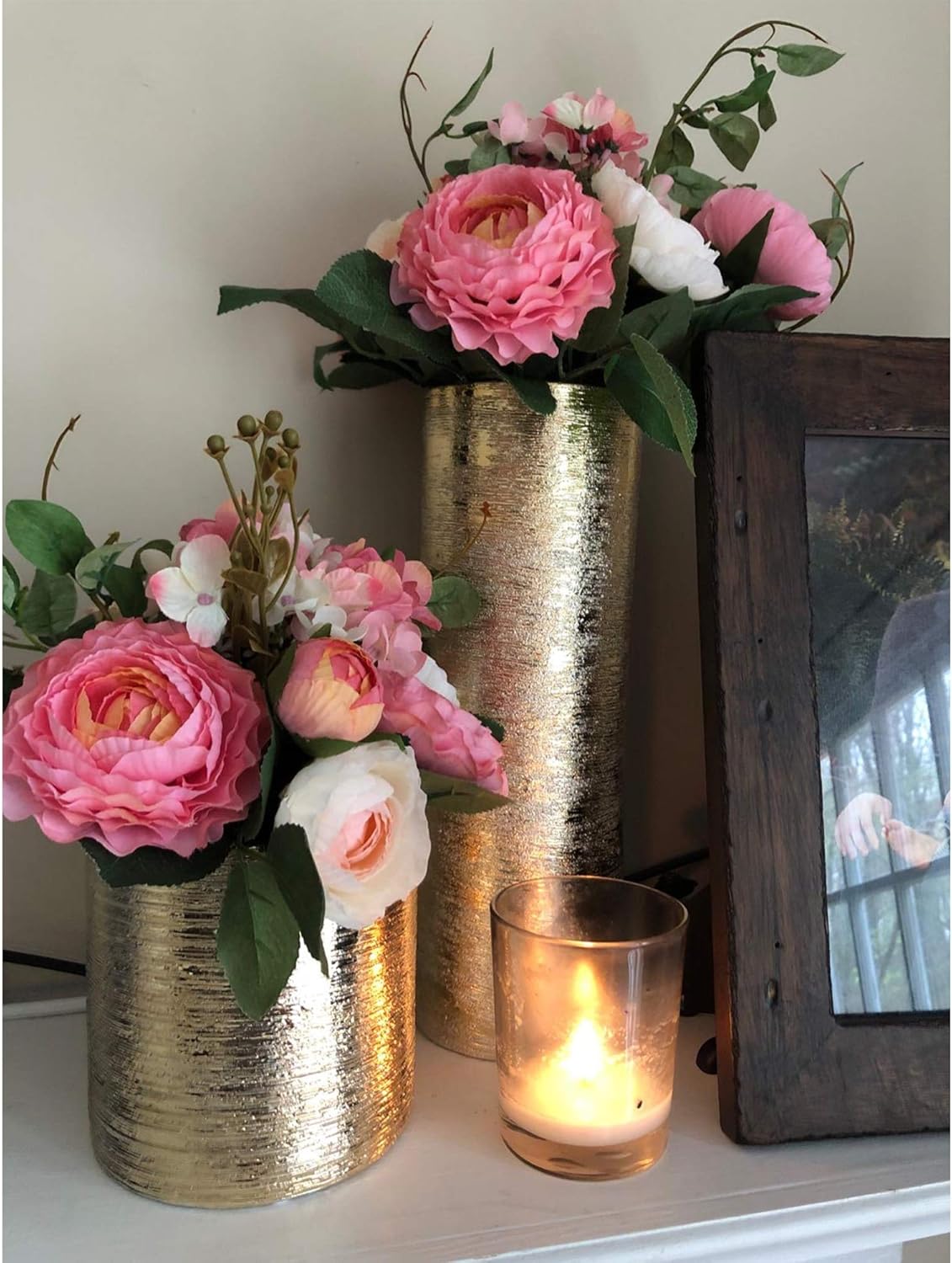WGV Ceramic Cylinder Vase Width 5" Height 12" Elegant Unique Modern Matte Floral Container Planter Pot Centerpiece for Event Party Wedding Office Home Decor, Gold Textured 1 Piece