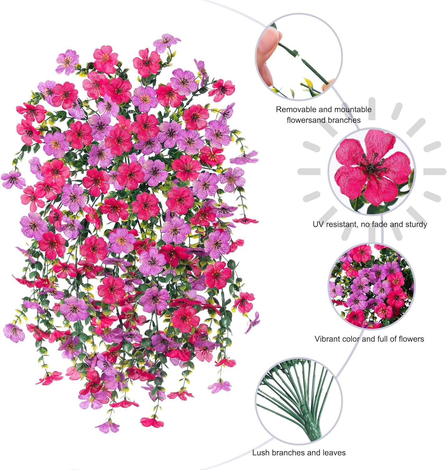 HyeFlora Artificial Flowers for Outdoors Fake Hanging Decoration, 2Pcs Purple and Hotpink Spring Decor, Realistic Plants, UV & Fading Resistant Silk Flower for Porch Patio Balcony Planter Yard