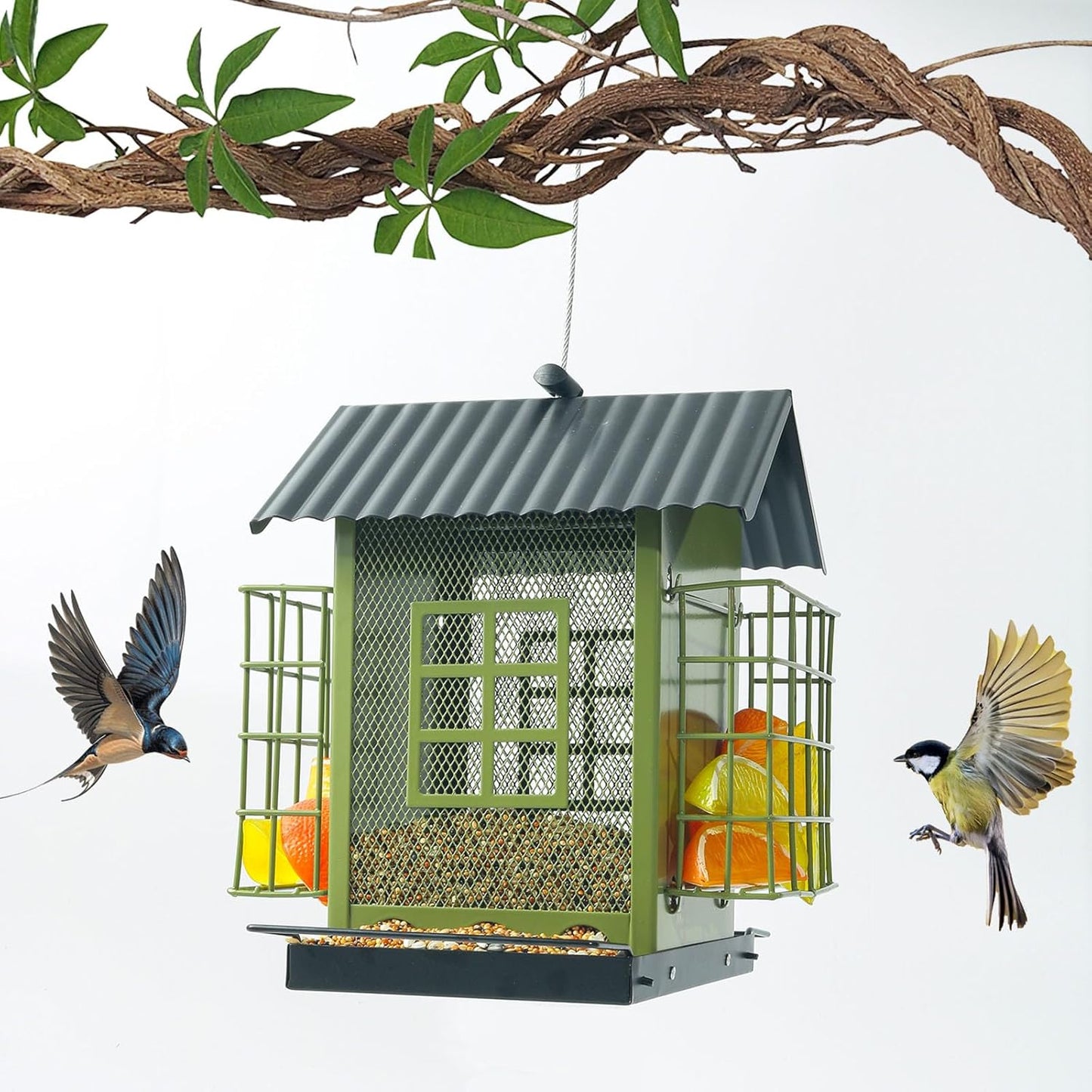 Decorative Outdoor Bird Feeders Squirrels Proof Double Roof Metal Bird