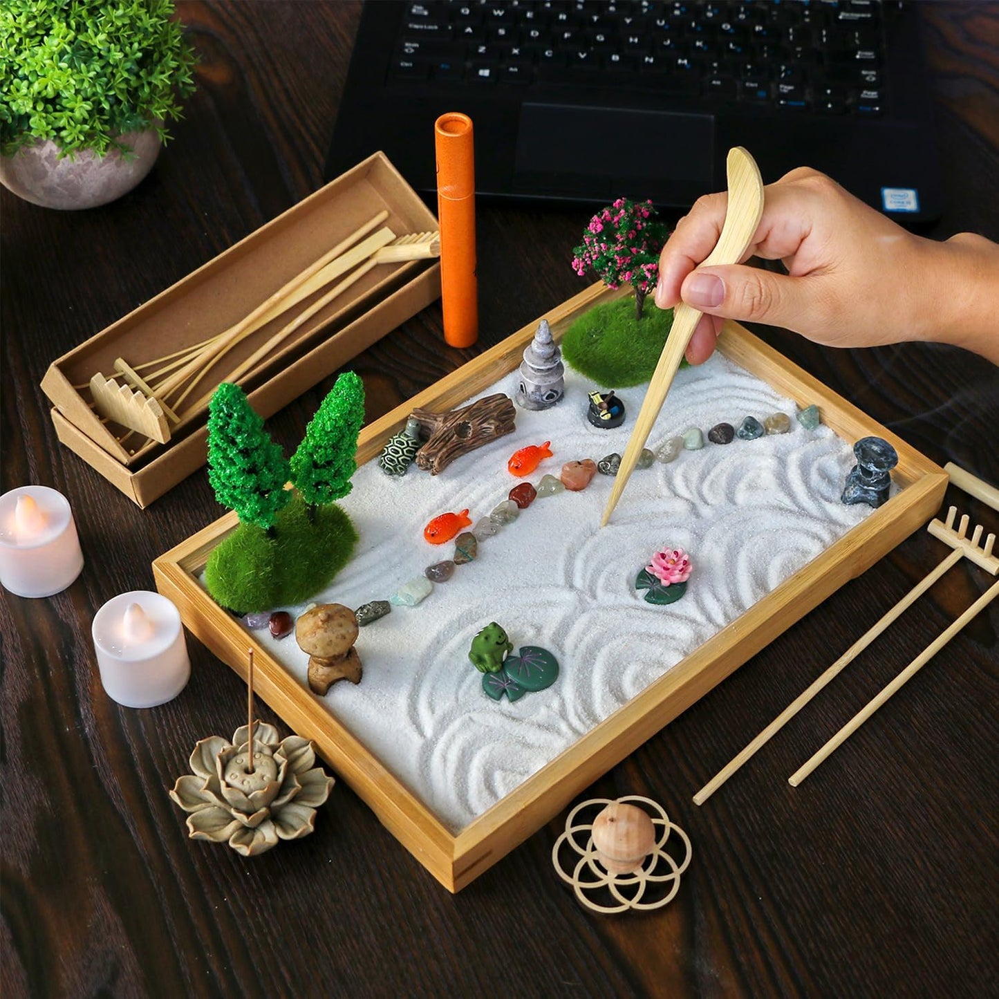 Tabletop Zen Garden Kit Set - Mini Rock Sand Garden Zen Gift Set for Home Office Desk Japanese Decor 7 Zen Tools Mini Rakes 21 Accessories Bamboo Sand Tray Therapy Desktop Meditation Room Gifts