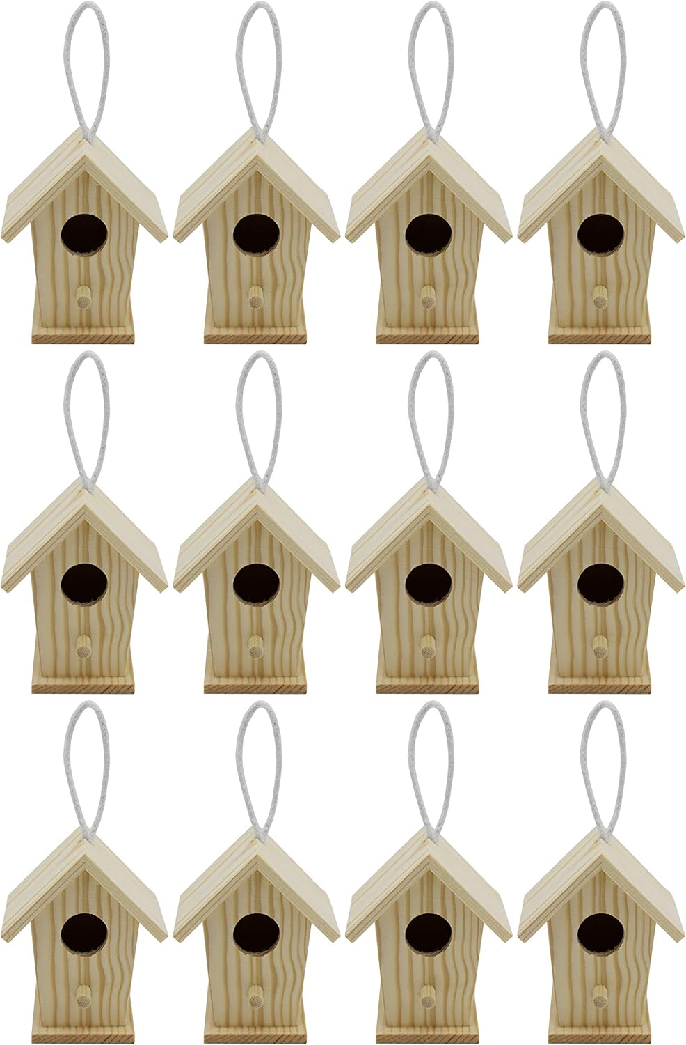 Creative Hobbies 12-Pack of Mini Wooden Bird Houses to Paint, with Hanging Cords, Unfinished DIY Design Your Own Great for Crafts, Weddings, Bible Camp and More!