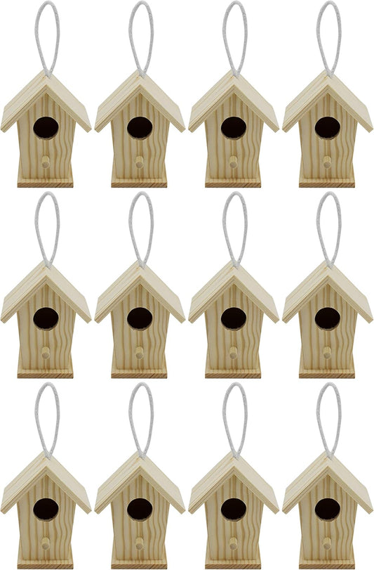 Creative Hobbies 12-Pack of Mini Wooden Bird Houses to Paint, with Hanging Cords, Unfinished DIY Design Your Own Great for Crafts, Weddings, Bible Camp and More!