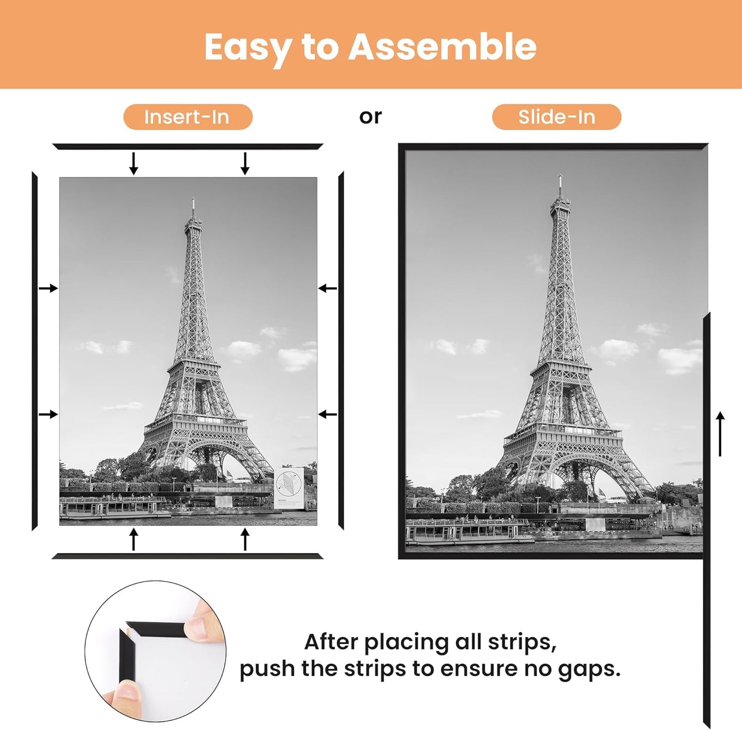 upsimples 12x16 Picture Frame Black 3 Pack, Scratch-Proof Poster Frames 12 x 16 for Photo Gallery - Slide-In Strips, Horizontal or Vertical Wall Mounting