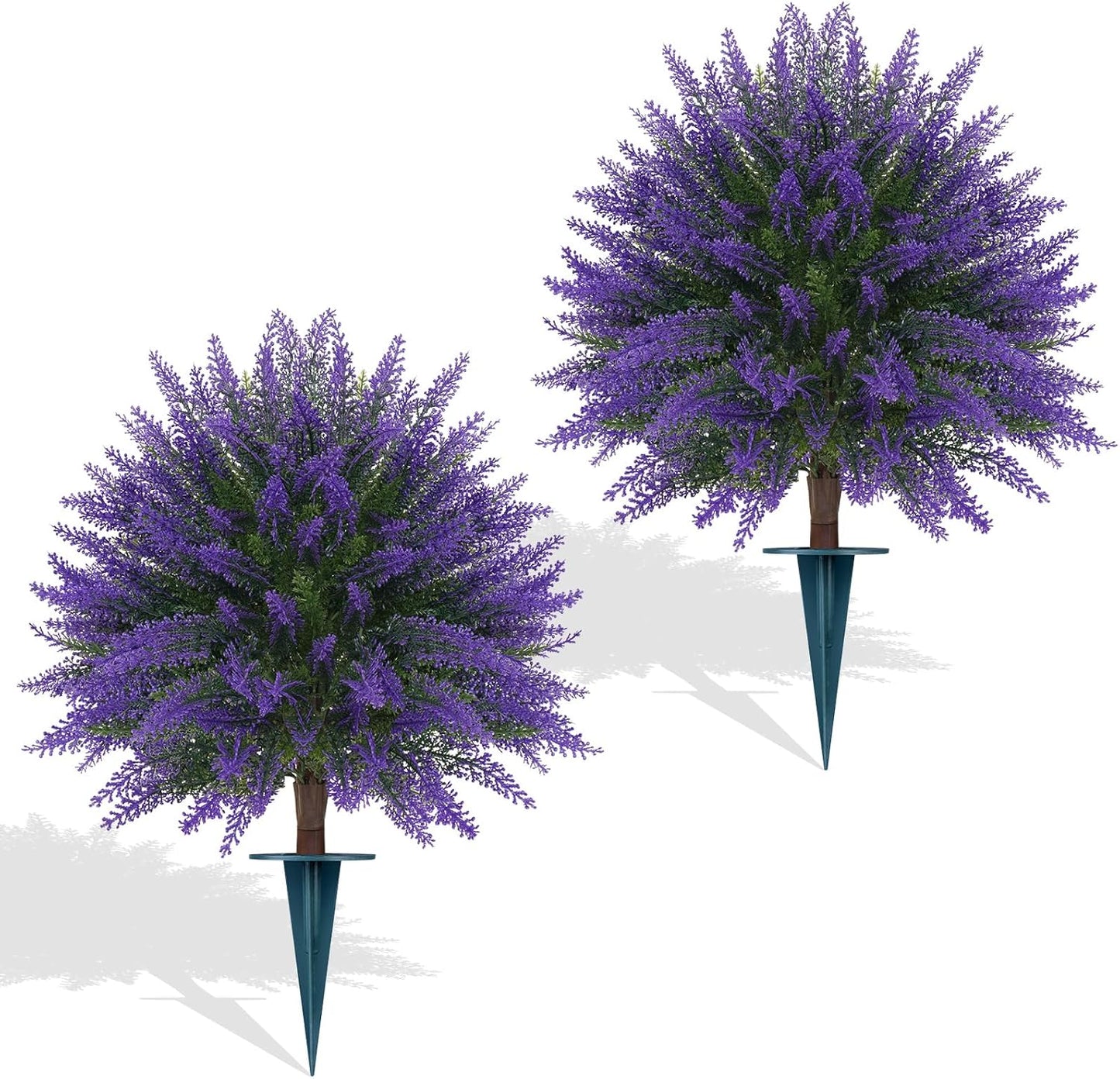 Artificial Lavender Topiary Bushes with Ground Spike, 24" Set of 2 Faux Lavender Boxwood Ball Trees UV Resistant Fake Greenery Plants for Indoor & Outdoor Spring Porch Decor
