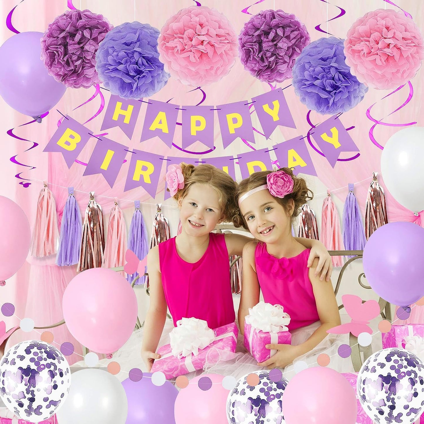 Purple Pink Birthday Party Decorations for Women Girls with Happy Birthday Banner,Hanging Swirls,Tissue Paper Pompoms,Circle Dots Garland,Tassel Garland Purple Balloons