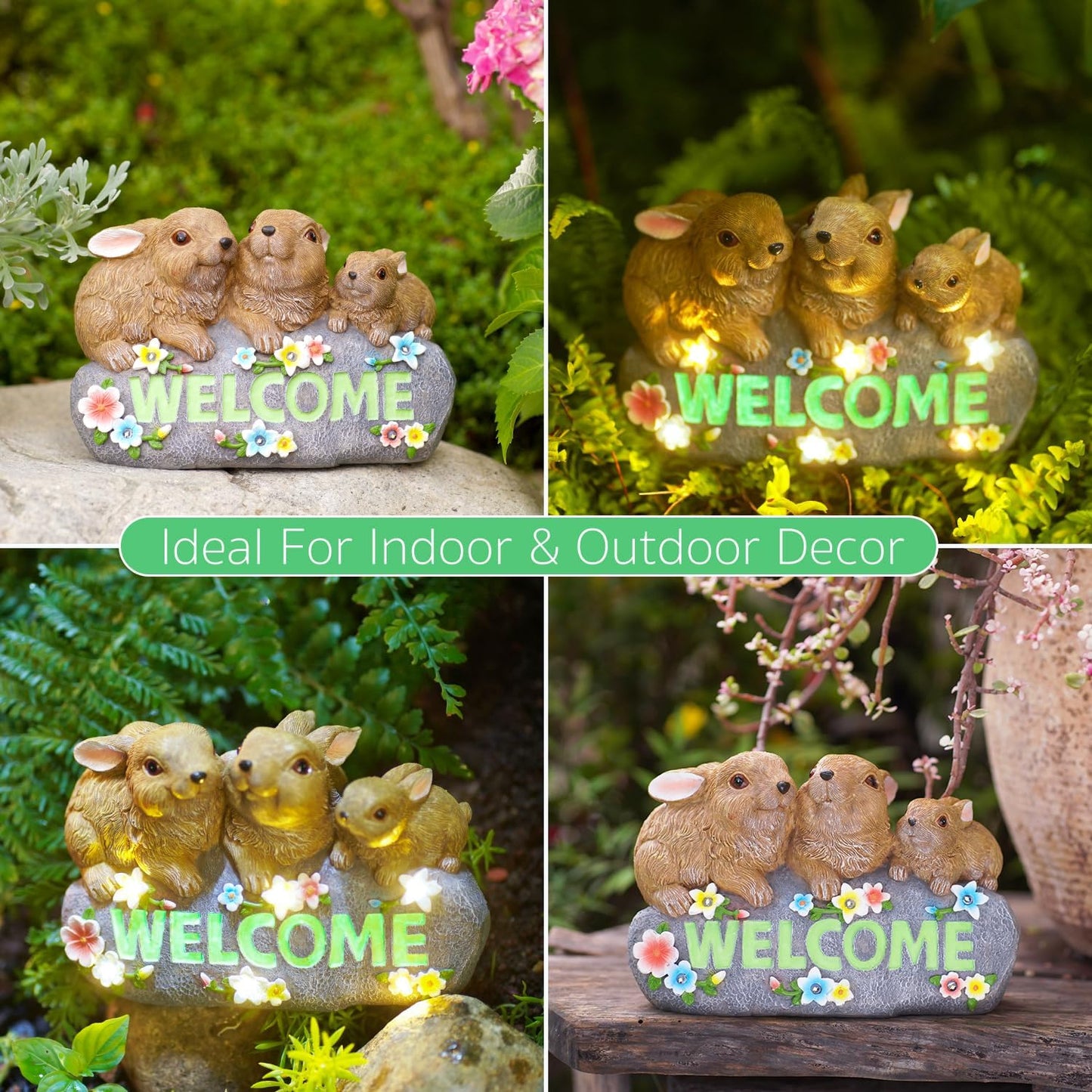 Goodeco Solar Rabbits with Welcome Sign - Outdoor Bunny Decor with Solar LED Lights - Rabbit Garden Decor & Outdoor Light-Up Gifts for Women, Moms or Birthdays