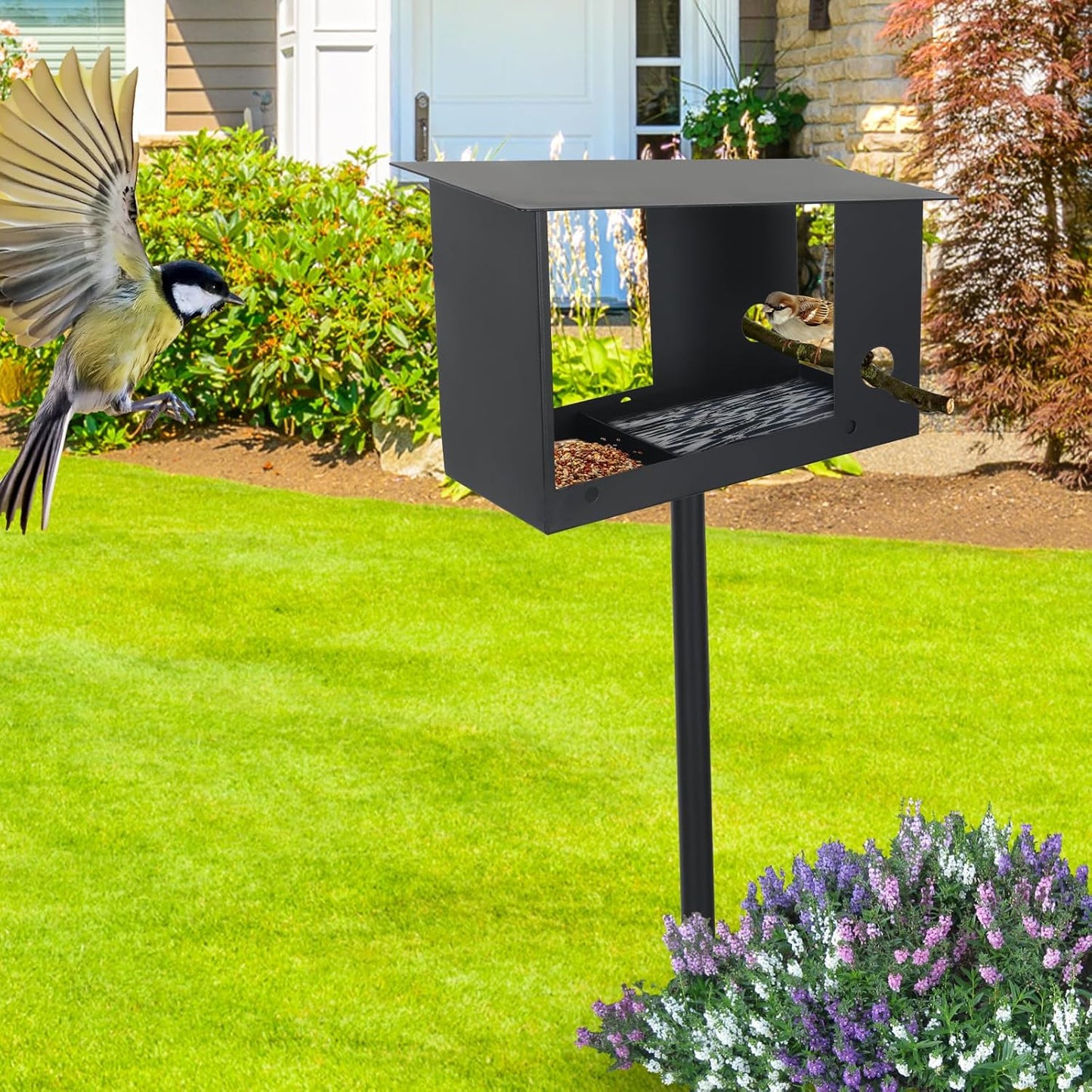 3-in-1 Metal Bird Feeder with Pole 59in High Weatherproof Wild Bird Feeding Station with Birdseed Area Removable Water Tray Custom Perch Ground-Mounted Bird Feeder for Small Birds Sparrow Tit Robin