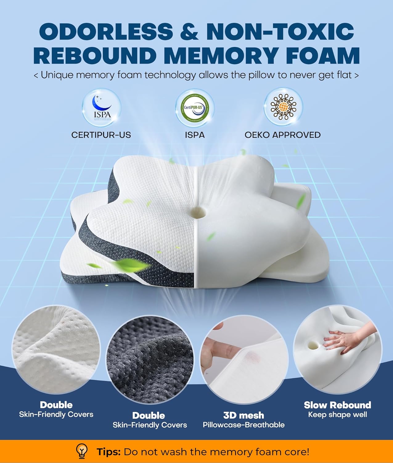 5X Pain Relief Cervical Neck Pillow for Neck Support, Ergonomic Cooling Side Sleeper Pillow for Sleeping, Odorless Contour Memory Foam Pillows, Orthopedic Bed Pillow for Side Back Stomach Sleeper