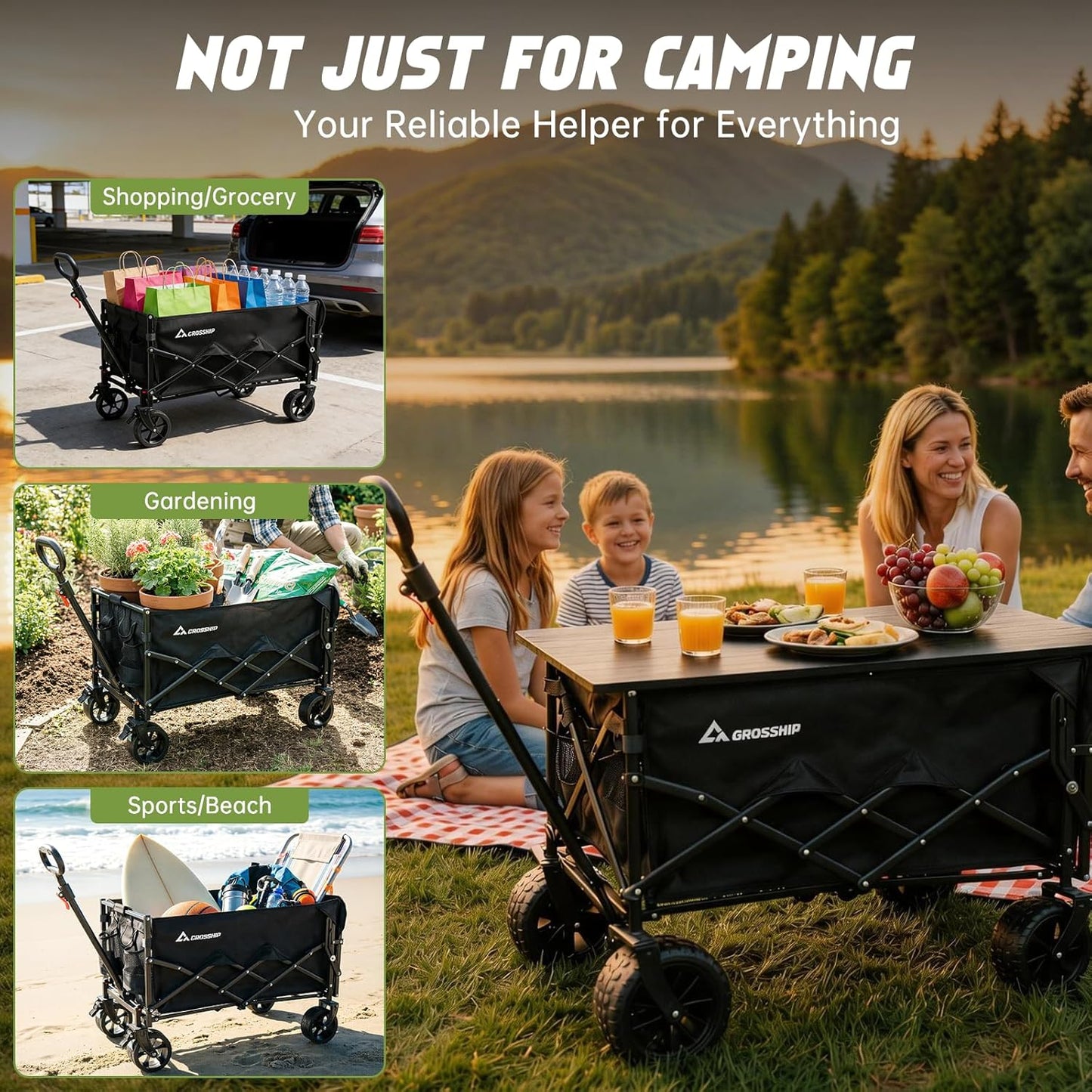 Collapsible Wagon Cart with Drop-Down Tailgate, 150L Heavy Duty Foldable Garden Cart 350 lbs Capacity, All-Terrain Wheels Utility Wagon for Beach, Camping, Long Items & Pet Transport