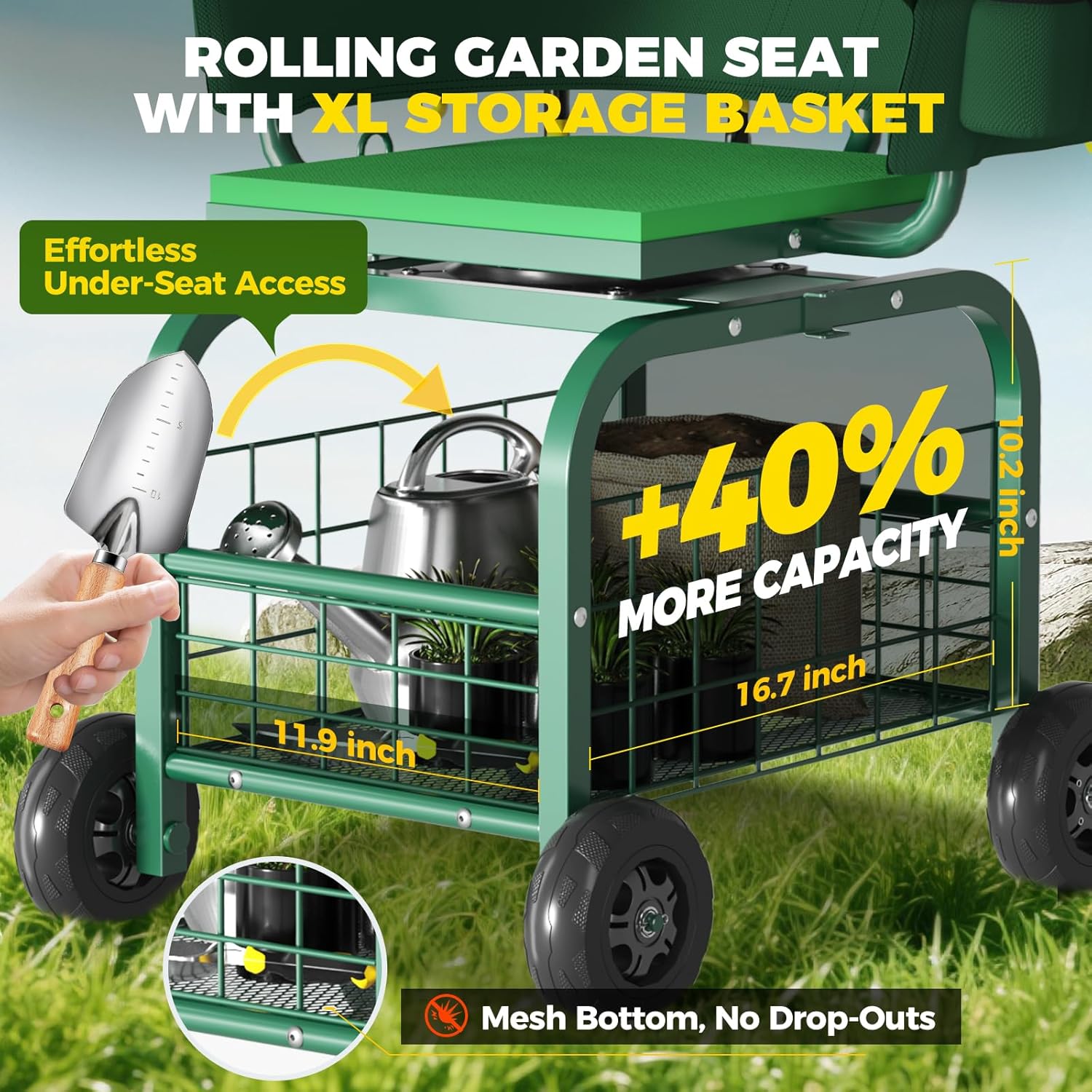 Suntee Garden Seat with Wheels, Rolling Gardening Stool with 360° Swiv