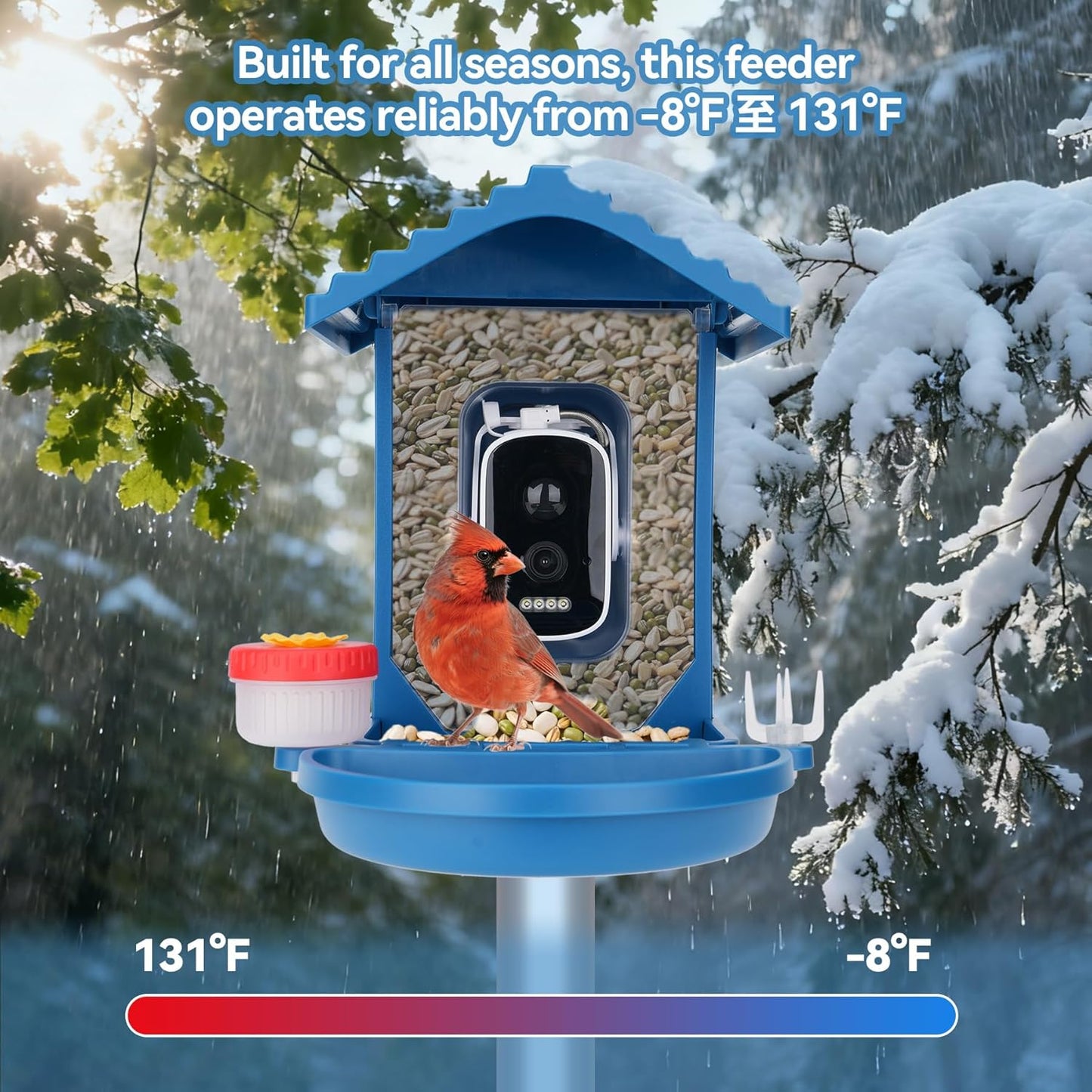 Bird Feeder with Camera Solar Powered,2.5K HD Video Bird House Live View,Smart AI Bird Species Identification for Outside Garden,Birds Bath,Ideal Gift for Birds Lover,Hummingbird (Blue)