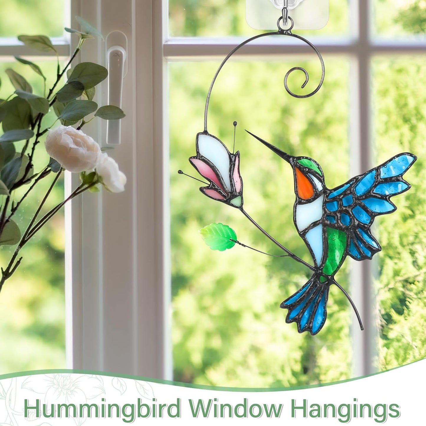 Hummingbird with Flower Stained Glass Birds Suncatcher Window Hangings Bird Suncatcher for Window Home Decor Handmade Hummingbird Gifts for Bird Lovers