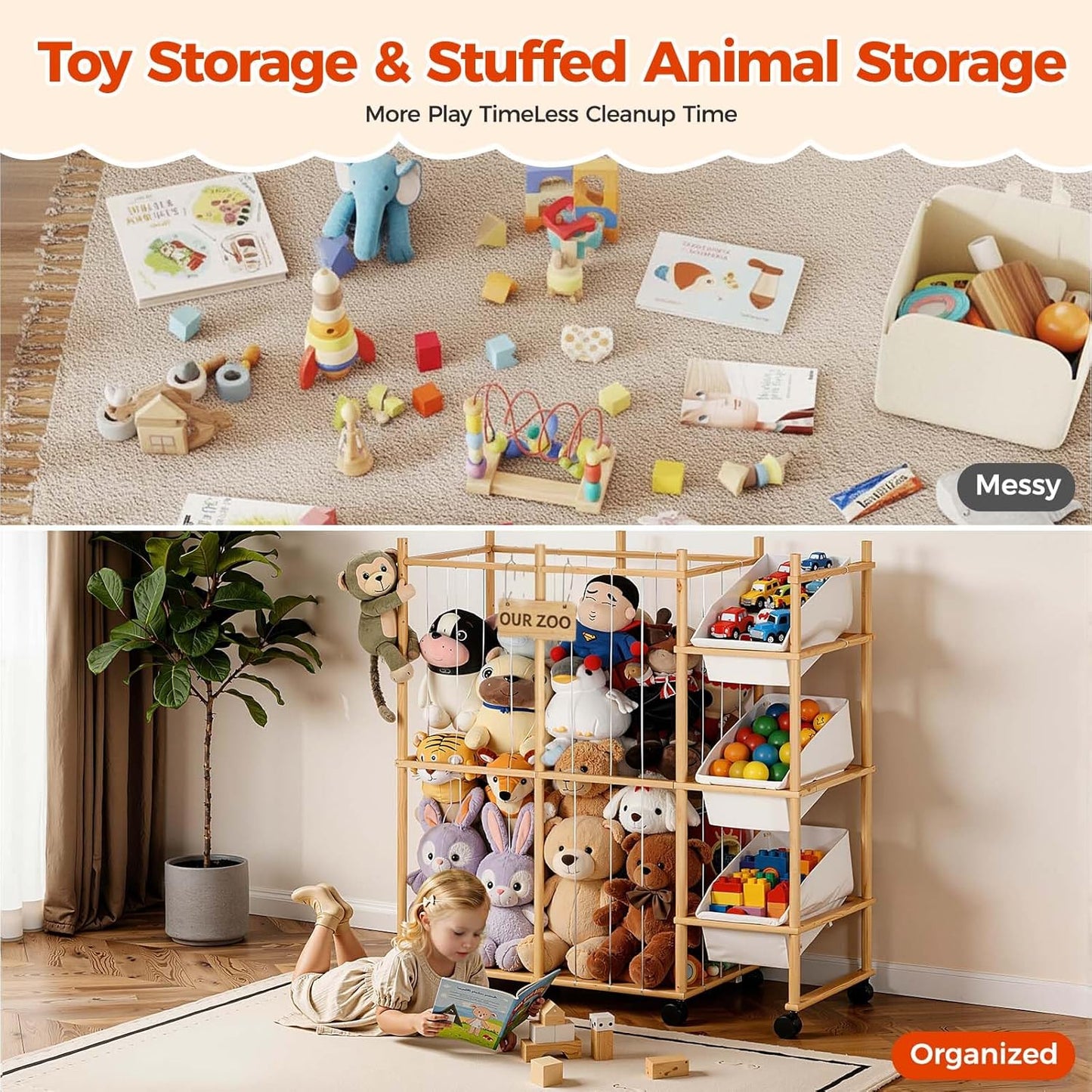 Toy Storage Organizer with 3 Removable Bins, Kids Storage Toy Shelf Or
