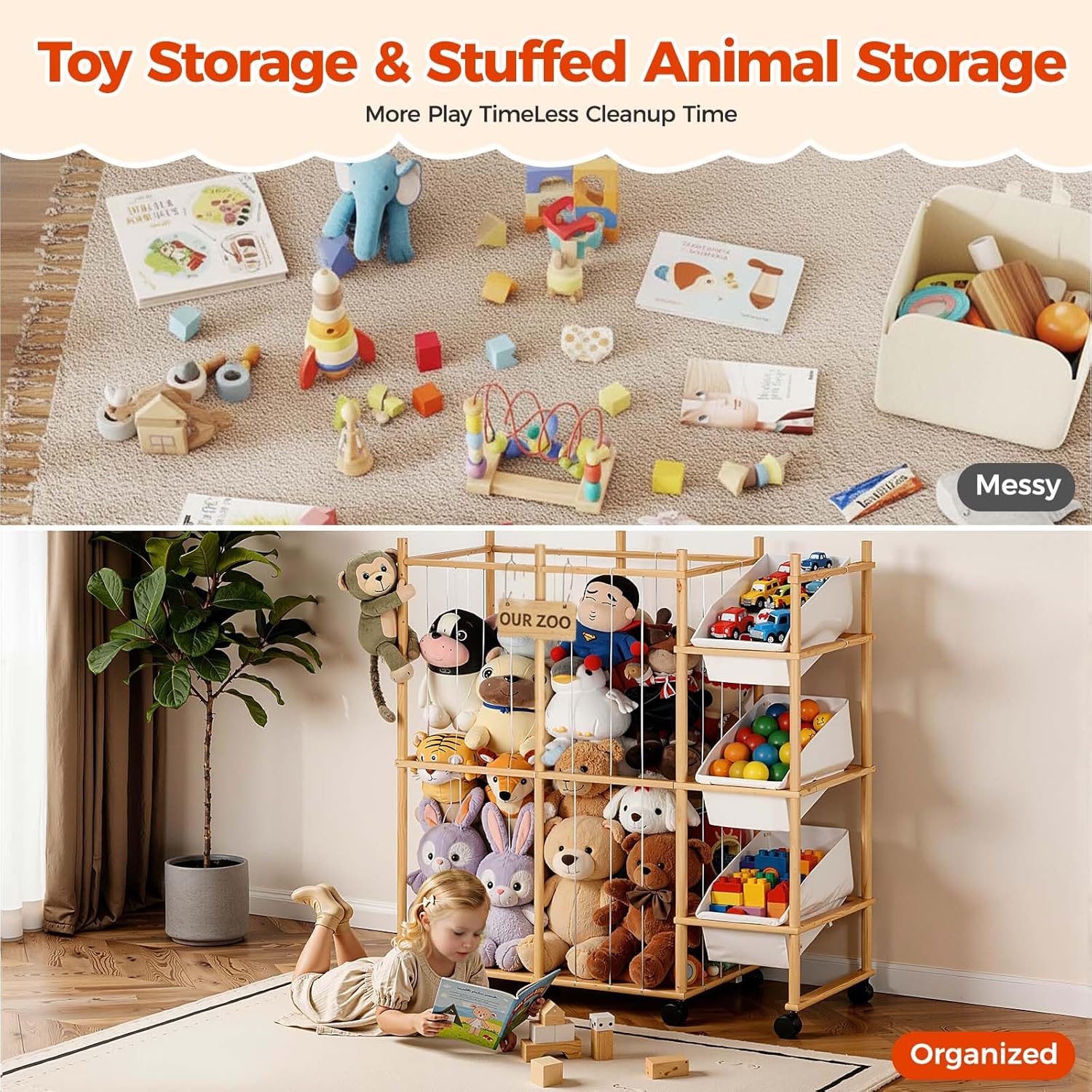 Toy Storage Organizer with 3 Removable Bins, Kids Storage Toy Shelf Or