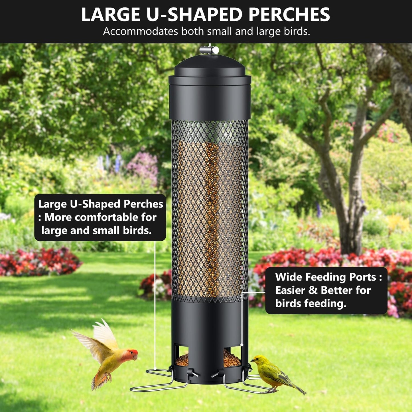 LCSEVEN Bird Feeders for Outdoors Squirrel Proof with Weight-Activated Perches, Hanging Bird Feeder for Outside, Metal Feeder for Wild Cardinal, Finch, Blue Jay, Chickadee, 3.6LB Seed Capacity, Black