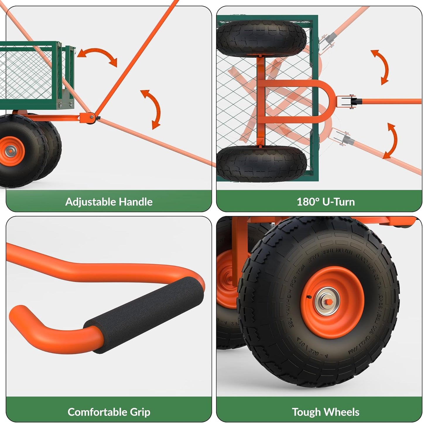 Steel Garden Cart, 500 LBS, 3 in-1 Folding Utility Wagon with Removable Sides, 10 in Tires, 180° Rotating Handle for Outdoor, Farm, Lawn and Garden, Heavy Duty Flatbed, Green & Orange