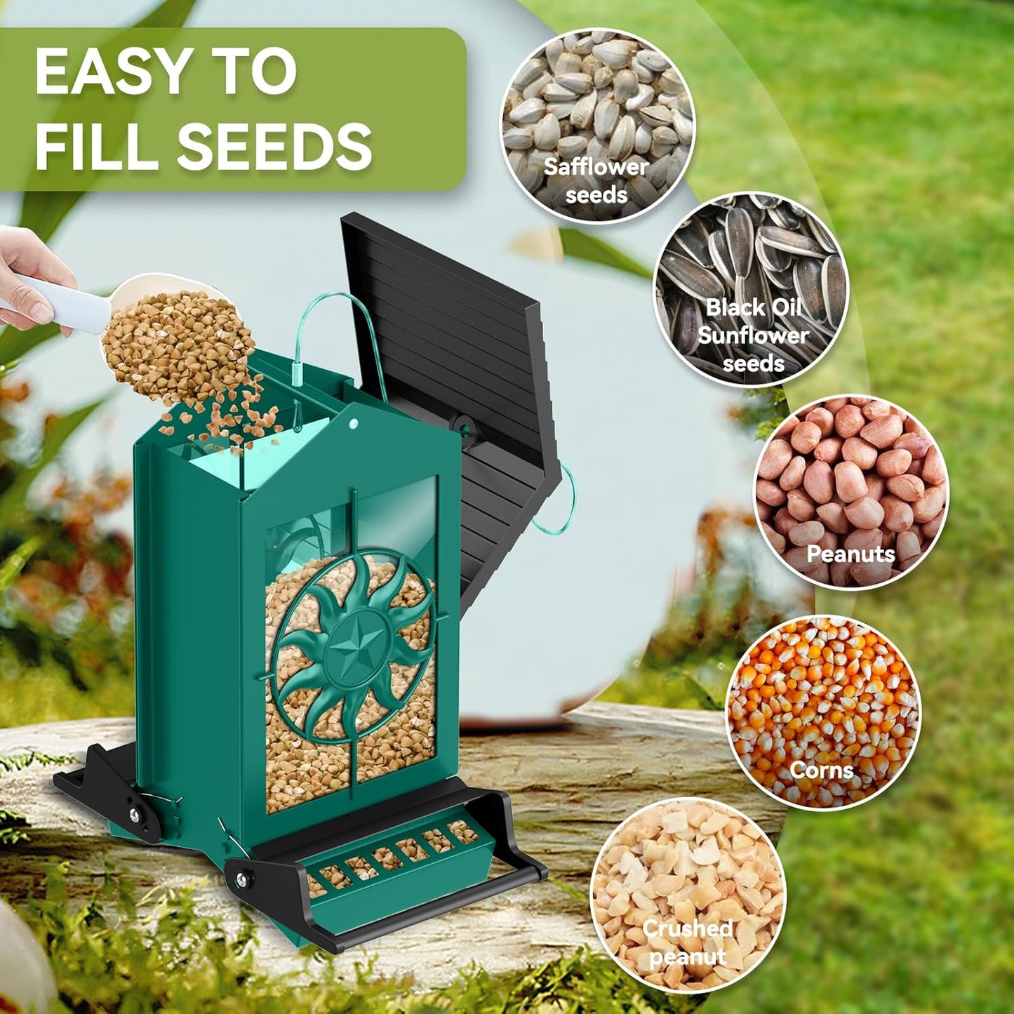 Metal Squirrel Proof Bird Feeders for Outdoors Hanging with Weight Activated Perches, 5LB Large Weatherproof Wild Bird Feeders for Cardinals, Blue Jay, Finch, Durable Backyard Feeders -Green