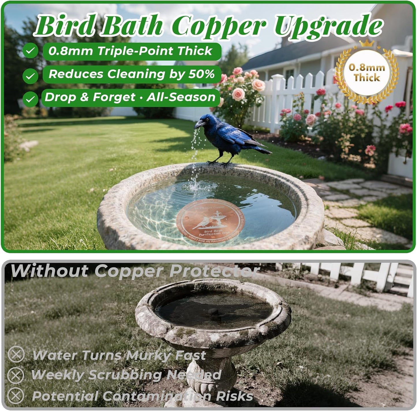 0.8mm Reinforced 99.99% Pure Copper Bird Bath Disk - Triple-Point Support Design for Physical Safe Water Maintenance, Universal Fit All-Season Outdoor Birdbaths Bowls, 1Pcs