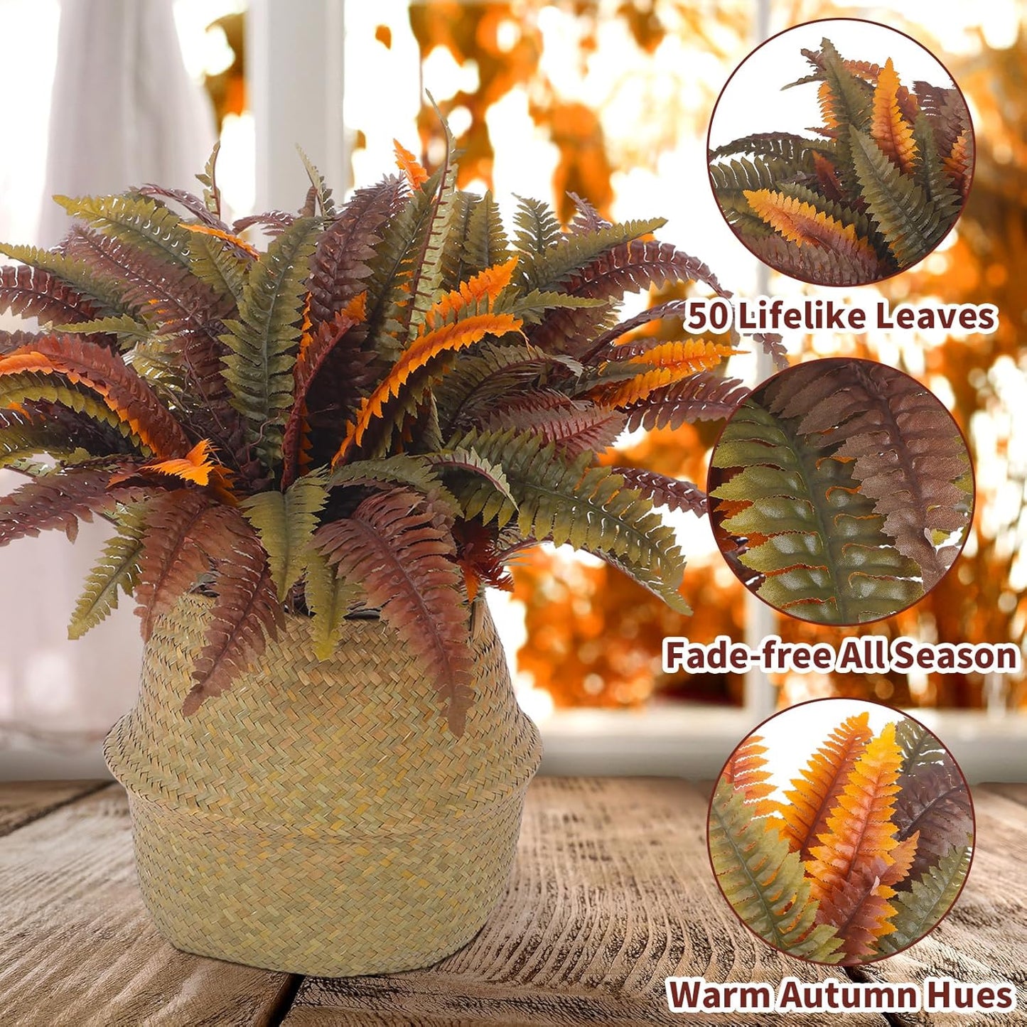 2 Pack 44'' Artificial Boston Fern Fall Porch Decor Hanging Plants Natural Indoor Outdoor Large Fake Ferns for Home, Garden, Thanksgiving, Autumn Decor