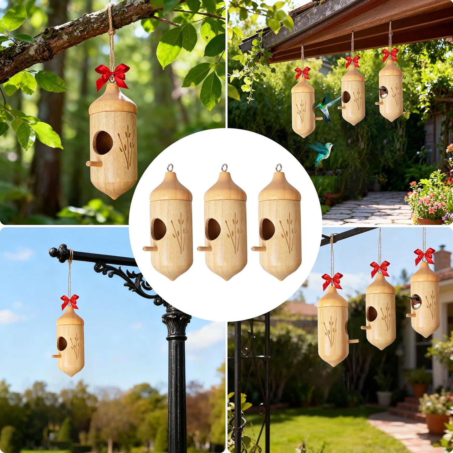 Hummingbird House, Wooden Hummingbird Houses for Outside Hanging, Humming Bird Nest Swinging, Wooden Bird Houses with Cotton, Bow, String, Gardening Gifts Decoration (3 Pack)