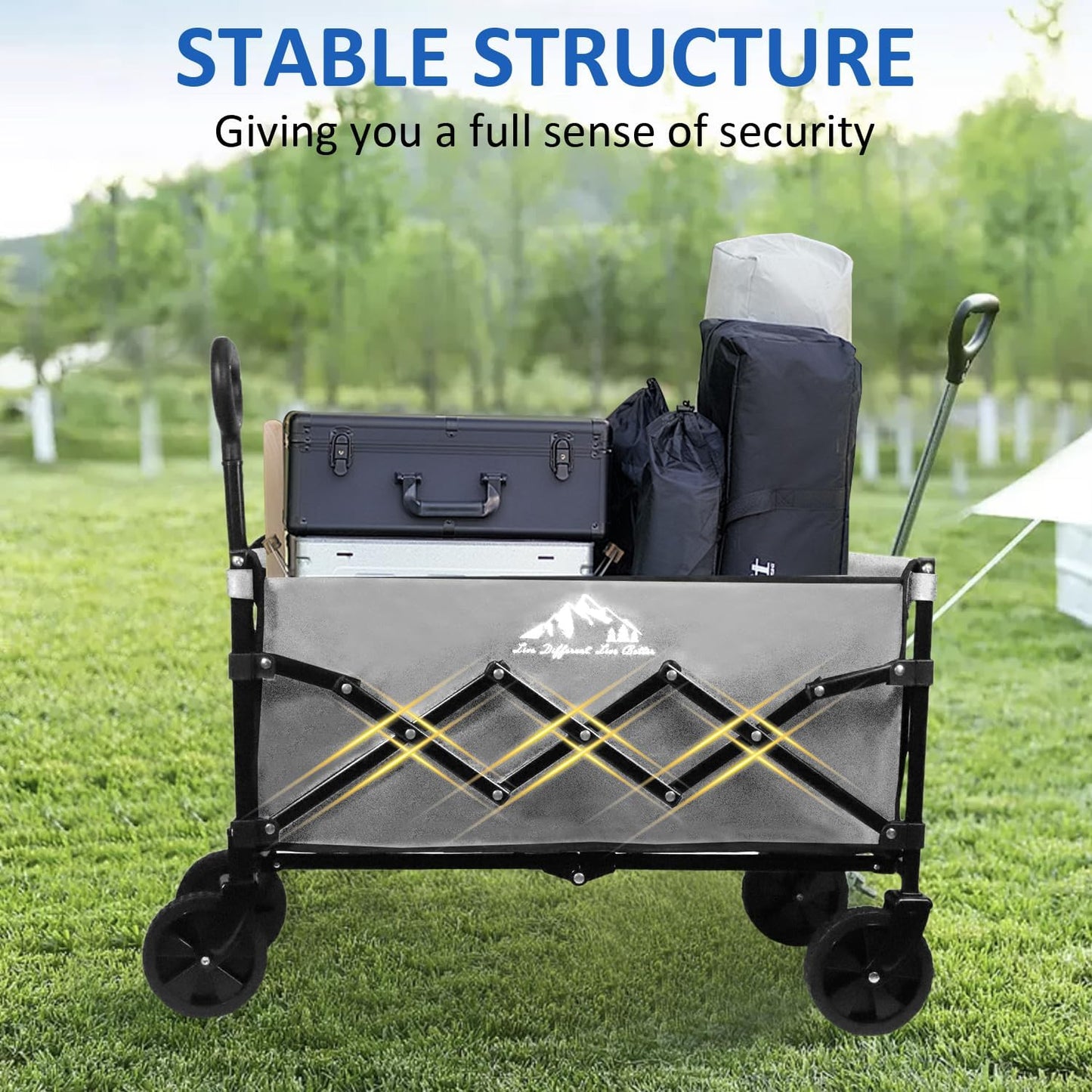 Collapsible Wagon Folding Utility Cart, Beach Wagon 352LBS Heavy-Duty with Adjustable Handles, 5" Quiet Swivel Wheels, Lightweight (11lbs) for Groceries, Camping, Moving, Gray