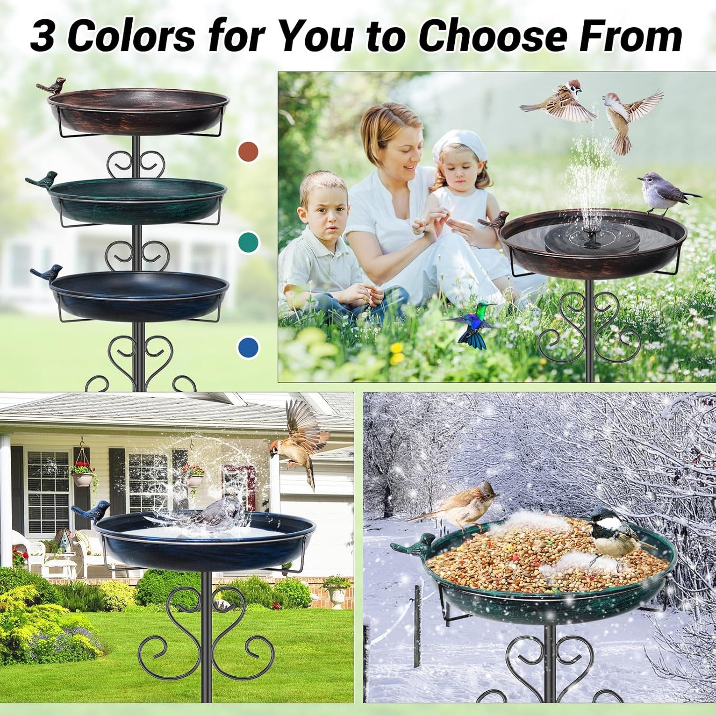 Metal Bird Bath for Outdoors, Vintage Freestanding Birdbaths with Bird Statue 12" Detachable Birdfeeder Bowl with 5- Pronged Base for Outside Garden Patio Yard Lawn Decor (Vintage Bronze)