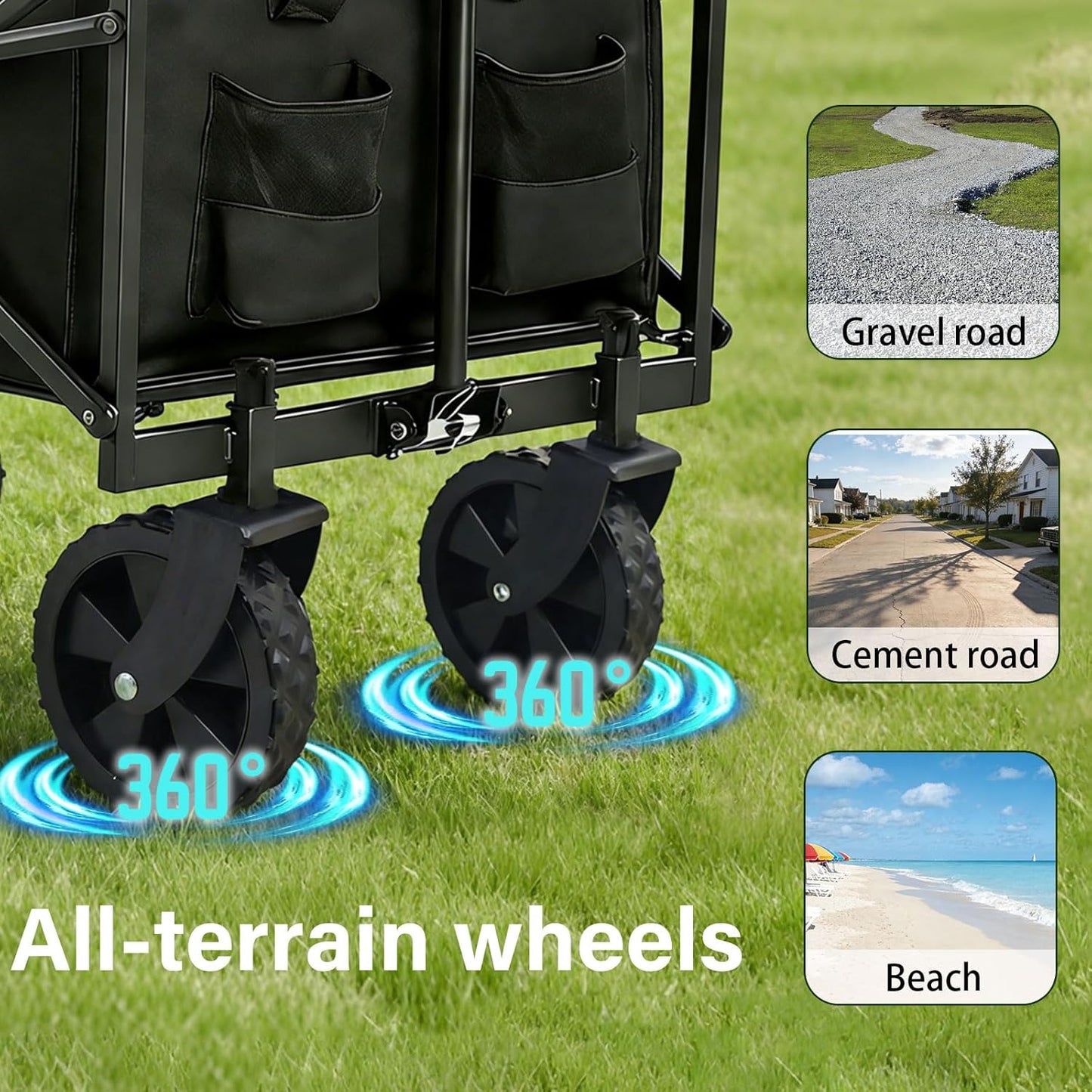 Collapsible Wagon Cart,Large Capacity Foldable Wagon,Cup Holders,with 360° Swivel Wheels, for Camping, Garden, Shopping, Beach