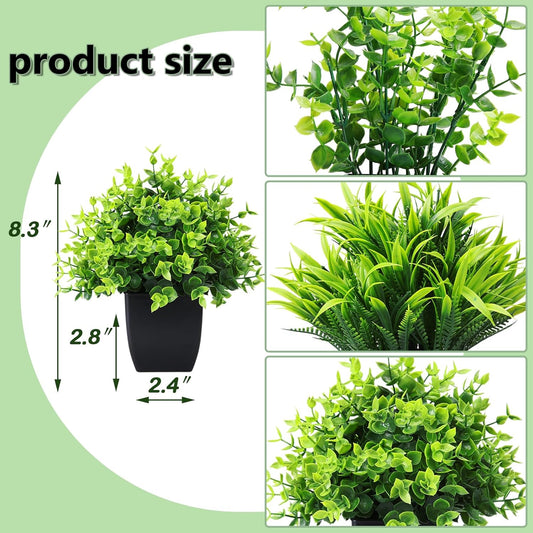 GREENTIME Artificial Potted Plants Set of 3 Mini Fake Plant 3 Pack Small Eucalyptus Black Potted Wheat Grass Faux Greenery for Home Office Desk Bathroom Shelf Bedroom Indoor Decorations