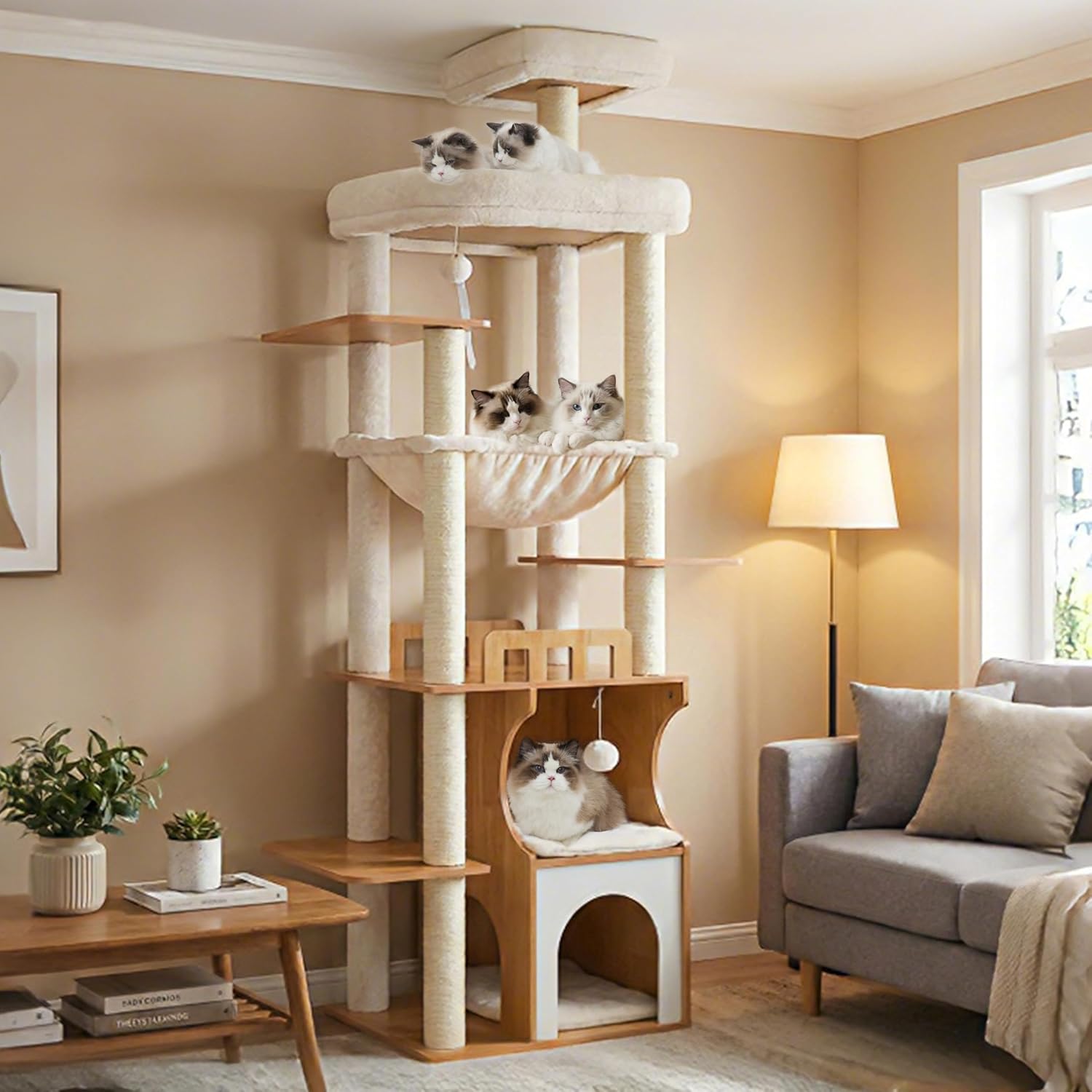 Cat Tree, 70.9 Inch Wood Cat Tower for Large Cats Adult, Modern Cat Fu