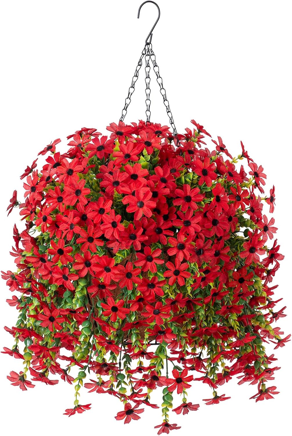 Artificial Fake Spring Summer Hanging Flowers Plants with Basket Outdoor Flower Decor, Faux Silk Colorful Daisy in Metal Coconut Lining Pot Plastic Decor Farmhouse Home Garden (Red)