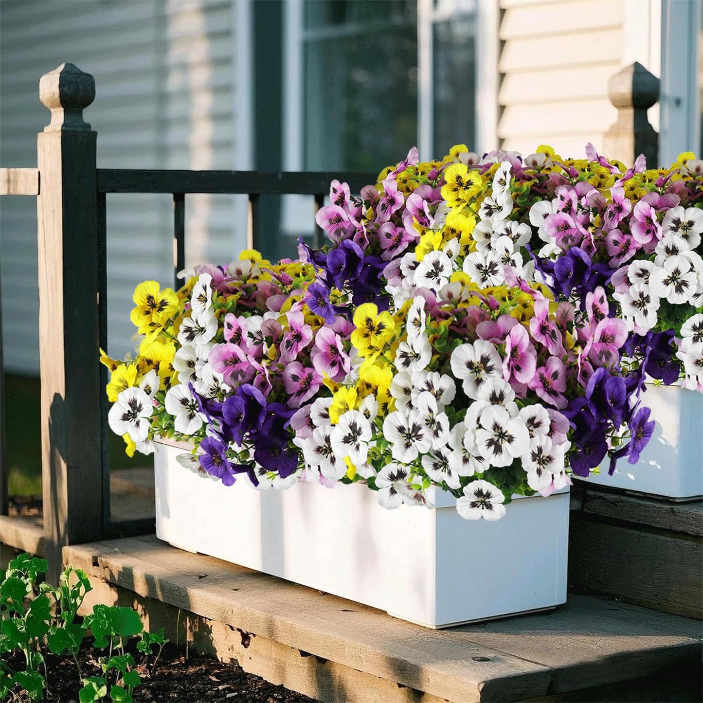 Artificial Fake Pansy Flowers for Outdoor, UV Resistant Faux Silk Pansies Spring Flowers, for Planter Front Door Porch Yard Patio Window Box Home Decor 12 Bundles (Yellow Purple White Pink)